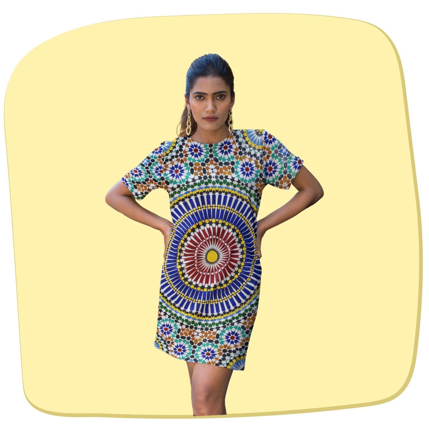 Mandala Women's T-shirt Dress by RedBerry Cuddle, featuring an intricate mandala design. It is fade-proof and includes two pockets for both style and functionality.