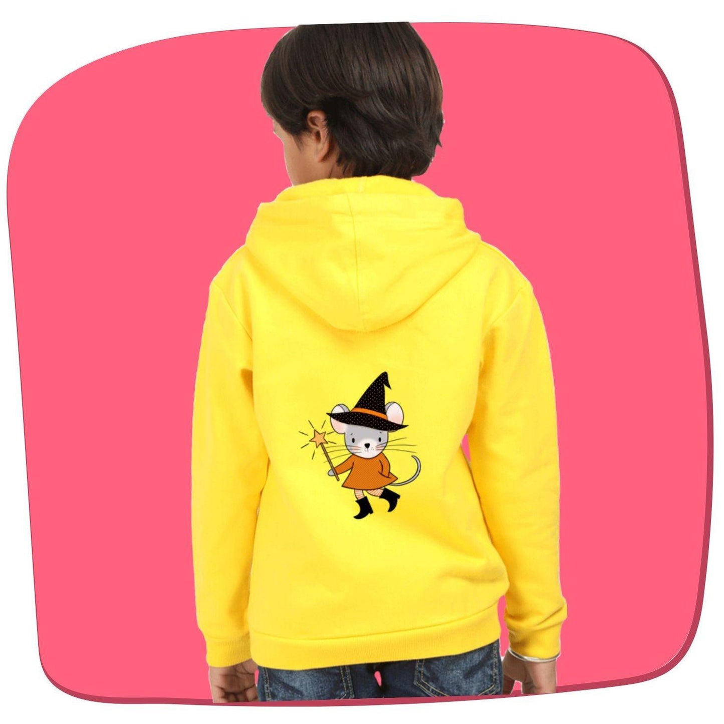 Halloween Mouse Witch Kids Hooded Sweatshirt by RedBerry Cuddle, made from 100% cotton. This unisex hoodie features a cute mouse dressed as a witch, perfect for adding a playful Halloween touch to kids' outfits.