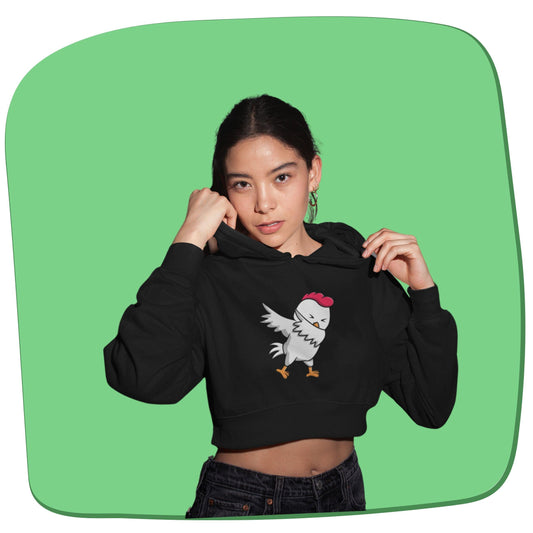 Yo Chicken Women's Crop Hoodie by RedBerry Cuddle, featuring a playful chicken-themed design. This hoodie offers a fun and trendy style, perfect for casual wear.