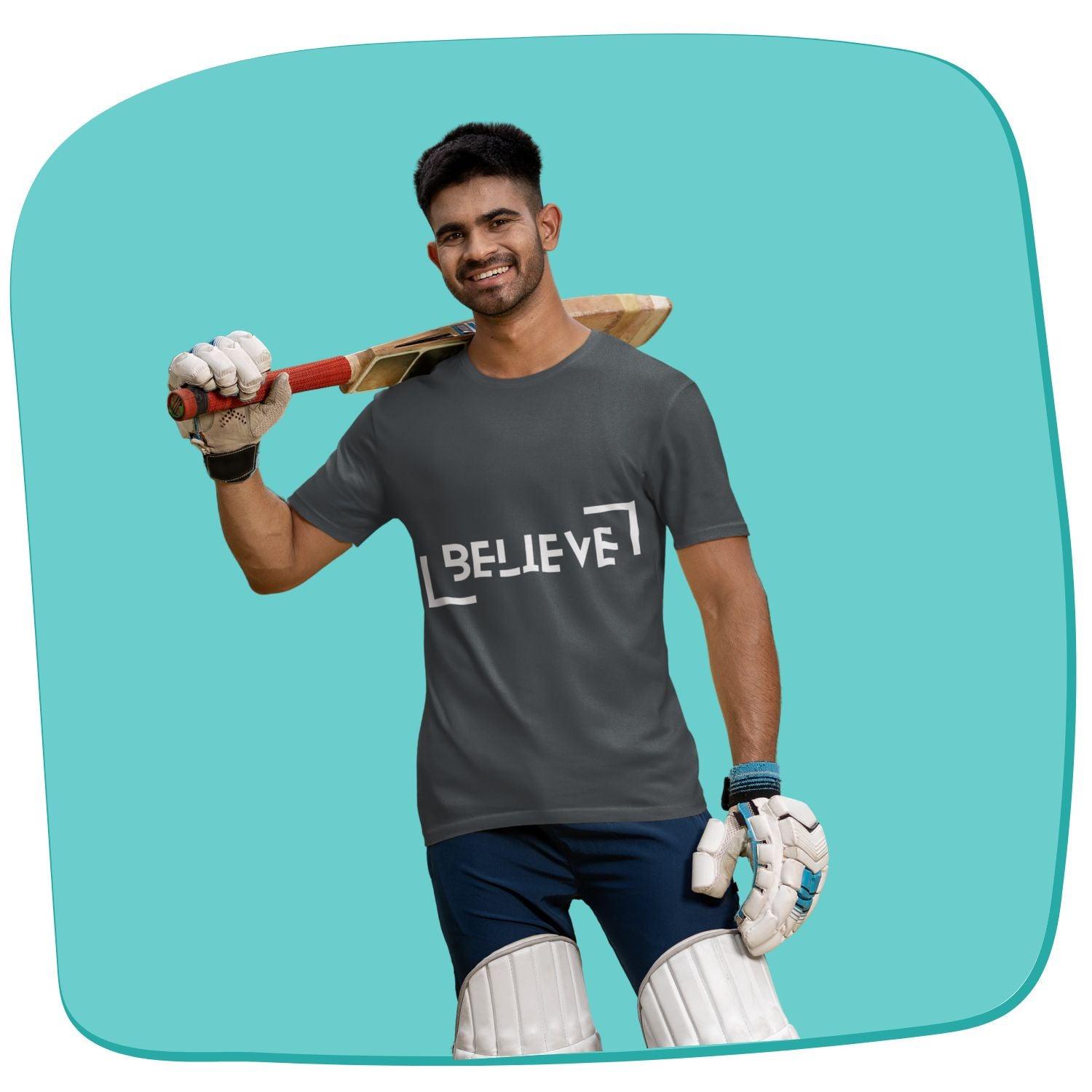 Believe Men's T-shirt by RedBerry Cuddle, made from 100% cotton. It features a simple yet inspiring 'Believe' slogan, combining comfort with motivation.