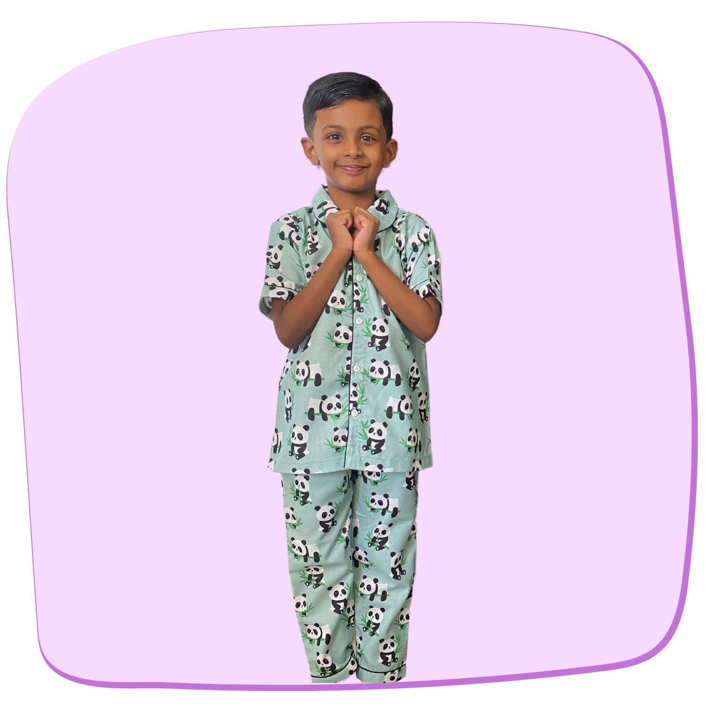 Panda Pajama Set by RedBerry Cuddle, a unisex night suit for kids made from 100% cotton. The set features adorable panda prints, providing a cozy and fun option for bedtime.