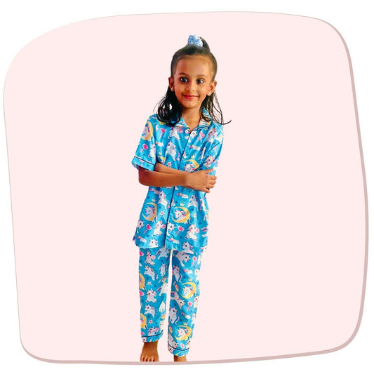 Unicorn sky blue pajama set, 100% cotton, unisex, by RedBerry Cuddle.