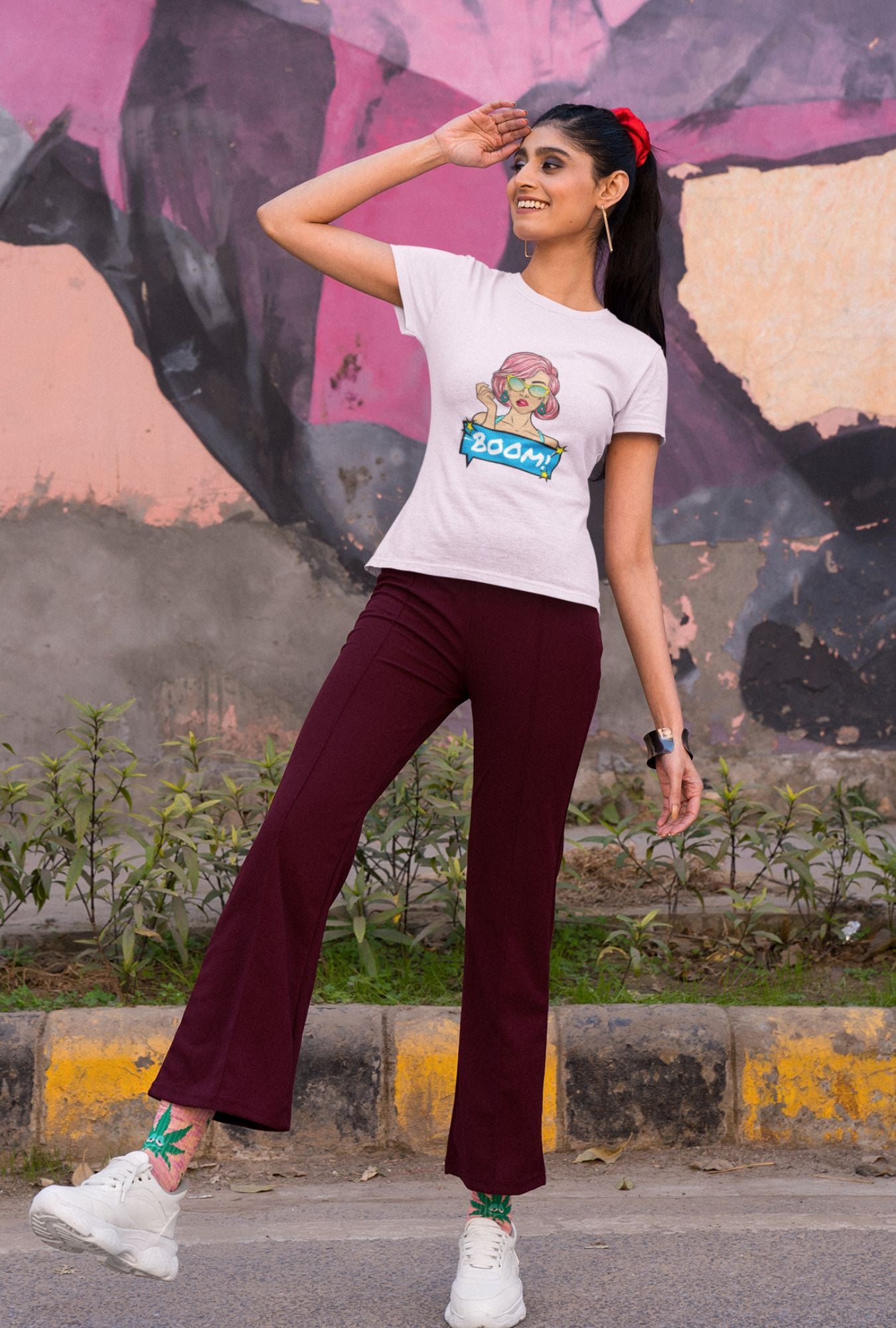 Boom Women's T-shirt by RedBerry Cuddle, made from 100% cotton. It features a bold, sassy 'Boom' design, offering comfort with an attitude.