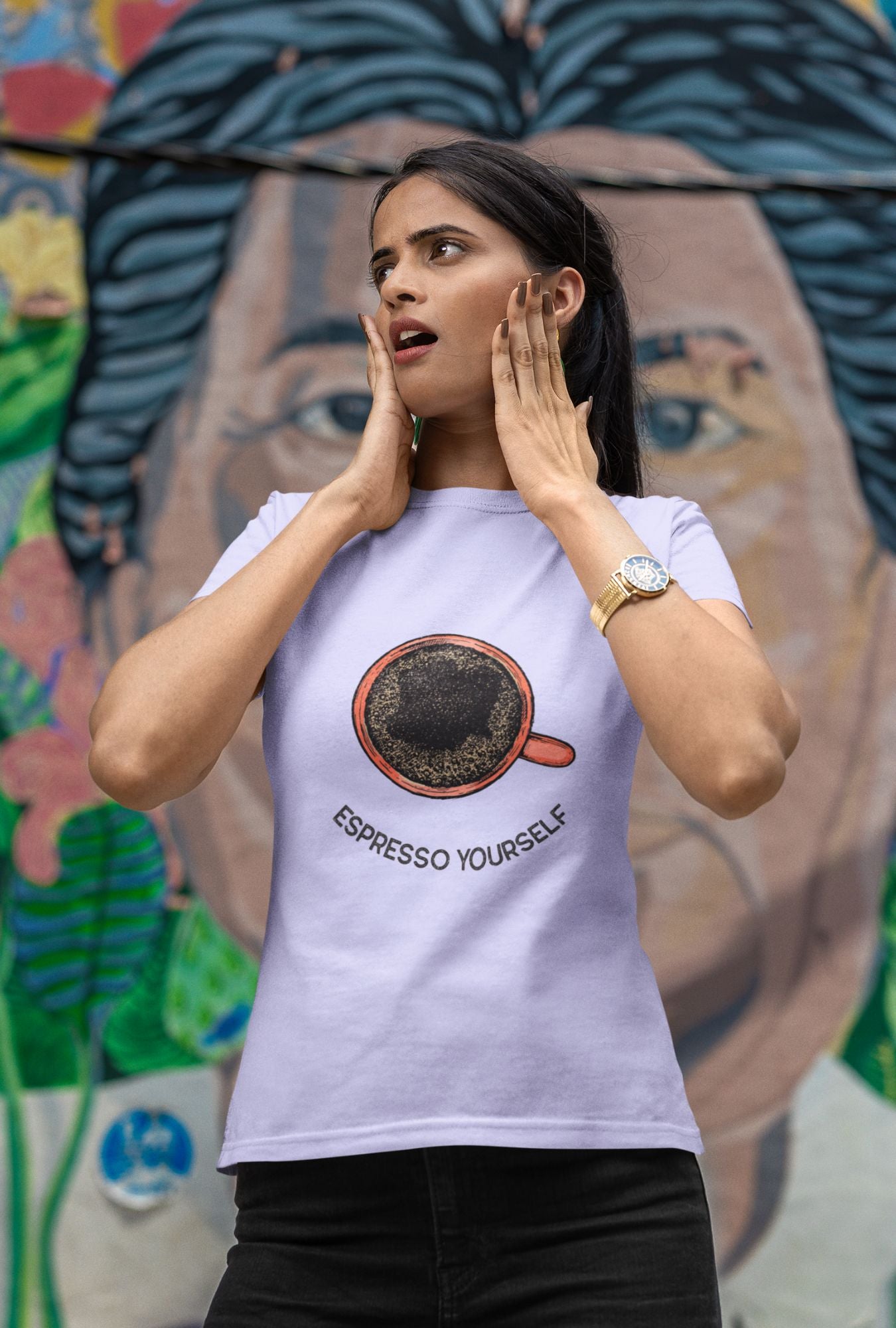 Espresso Yourself Women's T-shirt by RedBerry Cuddle, made from 100% cotton. It features a charming coffee-themed slogan, combining comfort with a playful expression.