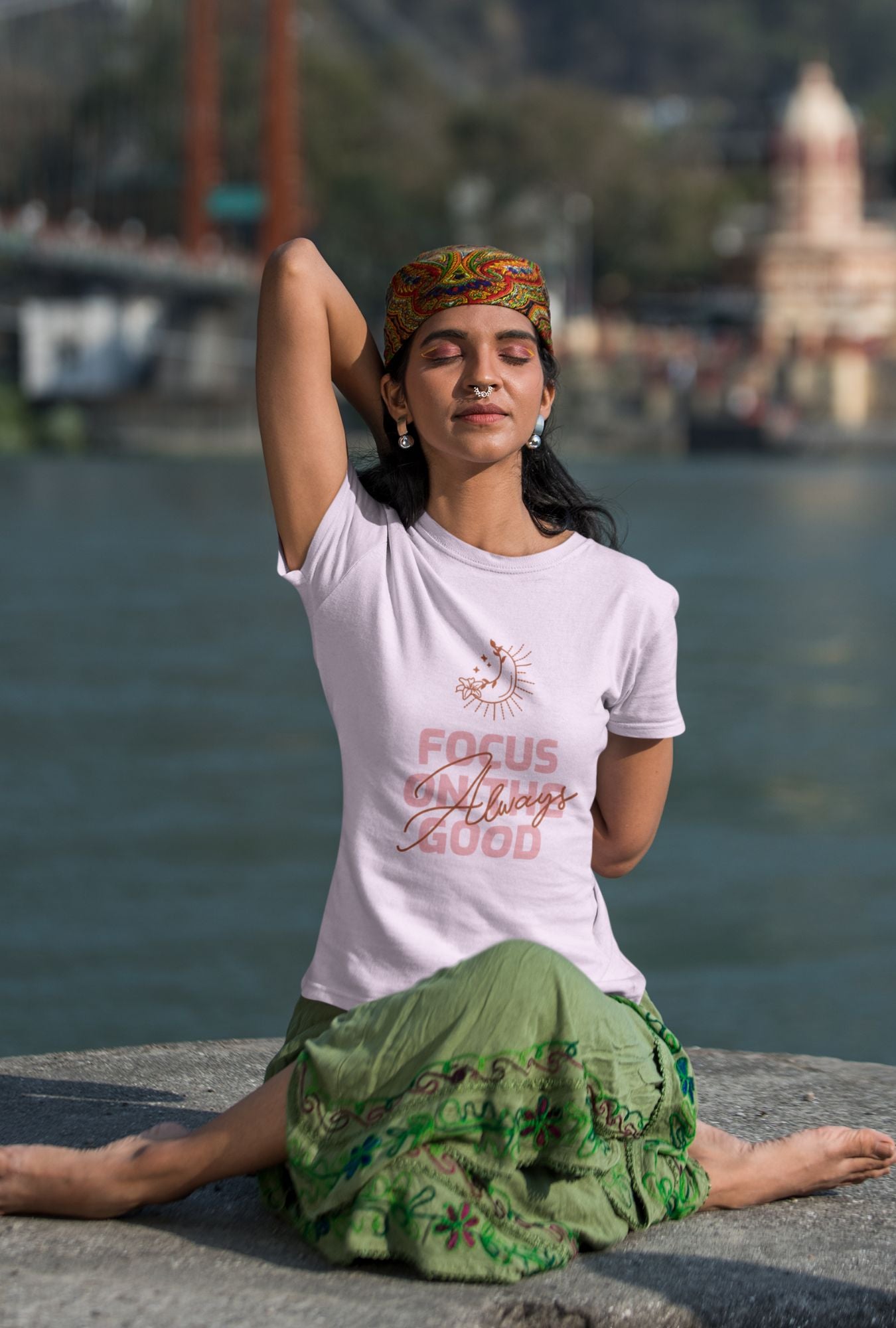 Always Focus on the Good Women's T-shirt by RedBerry Cuddle, made from 100% cotton. It features an uplifting slogan, offering both comfort and a positive message.