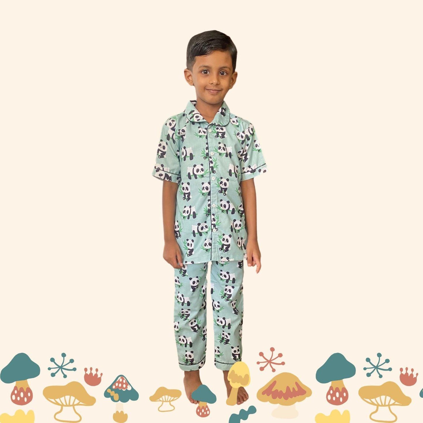 Panda Pajama Set by RedBerry Cuddle, a unisex night suit for kids made from 100% cotton. The set features adorable panda prints, providing a cozy and fun option for bedtime.