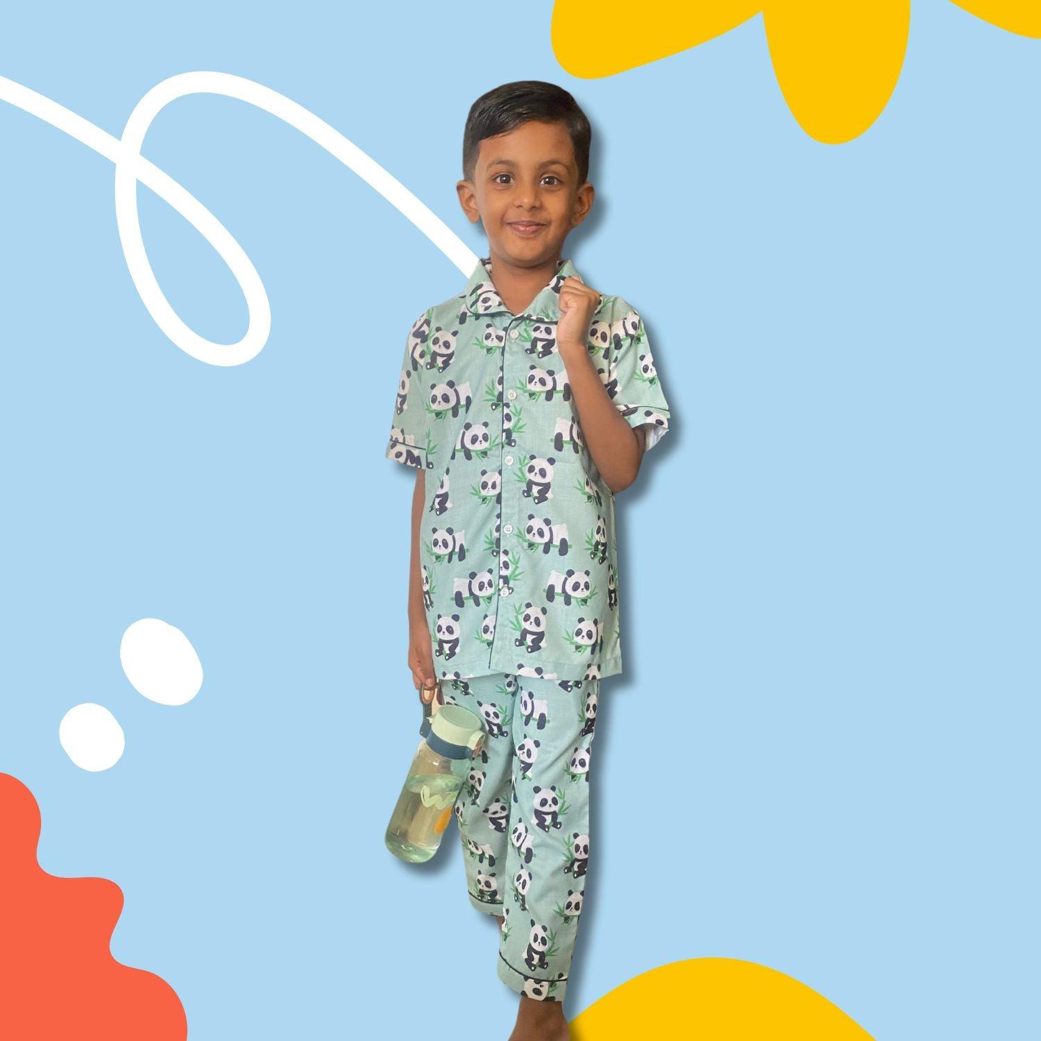 Panda Pajama Set by RedBerry Cuddle, a unisex night suit for kids made from 100% cotton. The set features adorable panda prints, providing a cozy and fun option for bedtime.