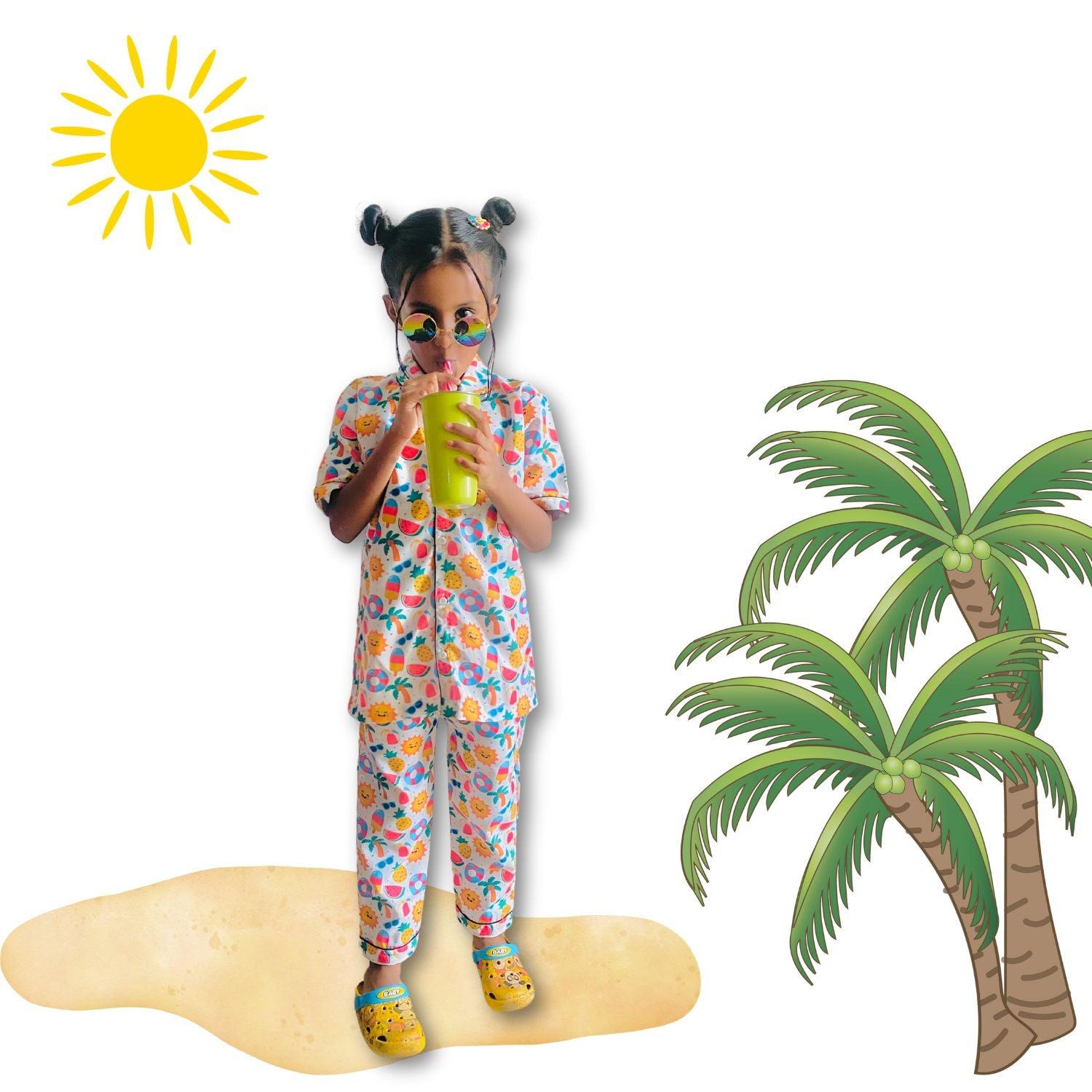 Sunny Beach Doodle Pajama Set by RedBerry Cuddle, made from 100% cotton. A soft and cheerful unisex pajama set for kids, featuring fun beach-themed doodles, perfect for comfortable and playful sleep.