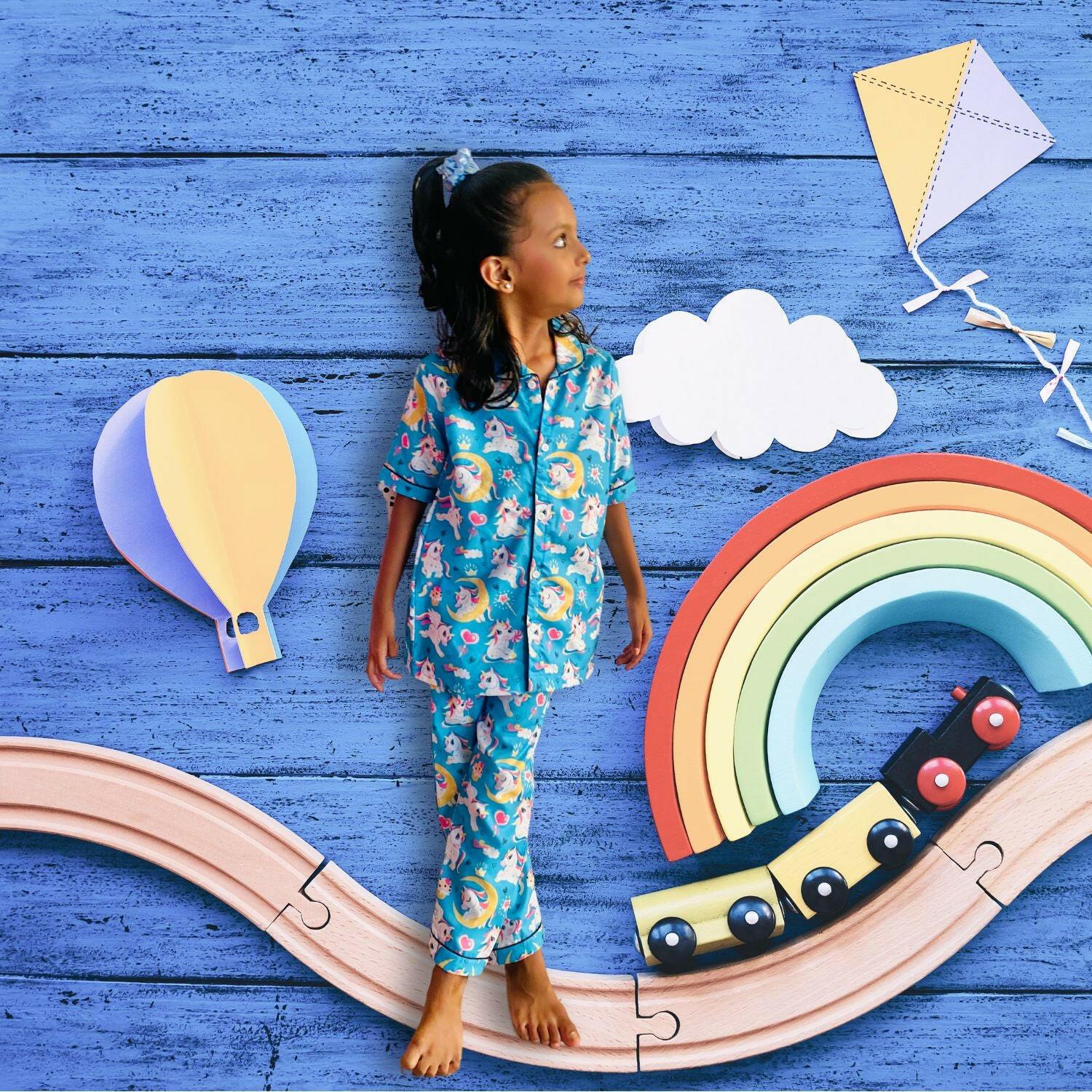 Unicorn sky blue pajama set, 100% cotton, unisex, by RedBerry Cuddle.