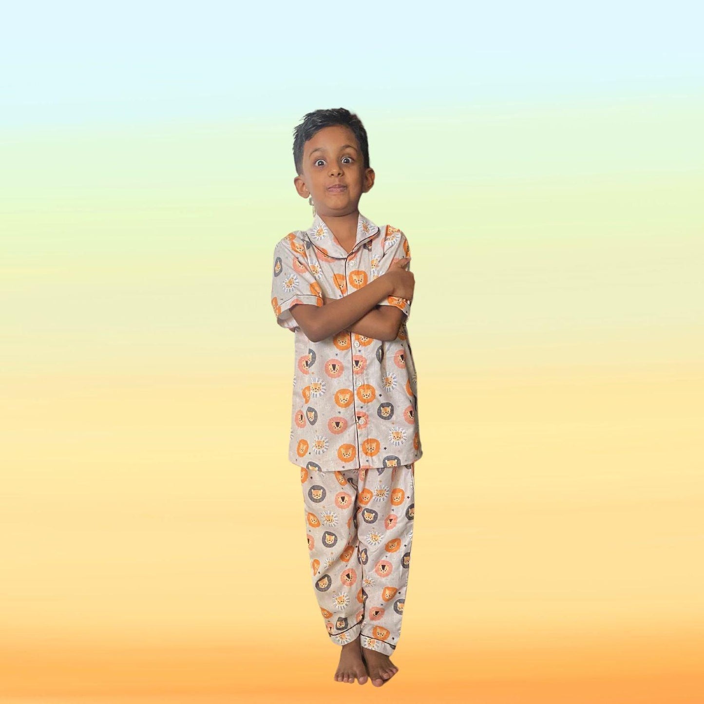 Lion Pajama Set by RedBerry Cuddle, made from 100% cotton. A playful and soft unisex pajama set for kids, featuring a charming lion design, perfect for comfortable sleep and cozy nights.