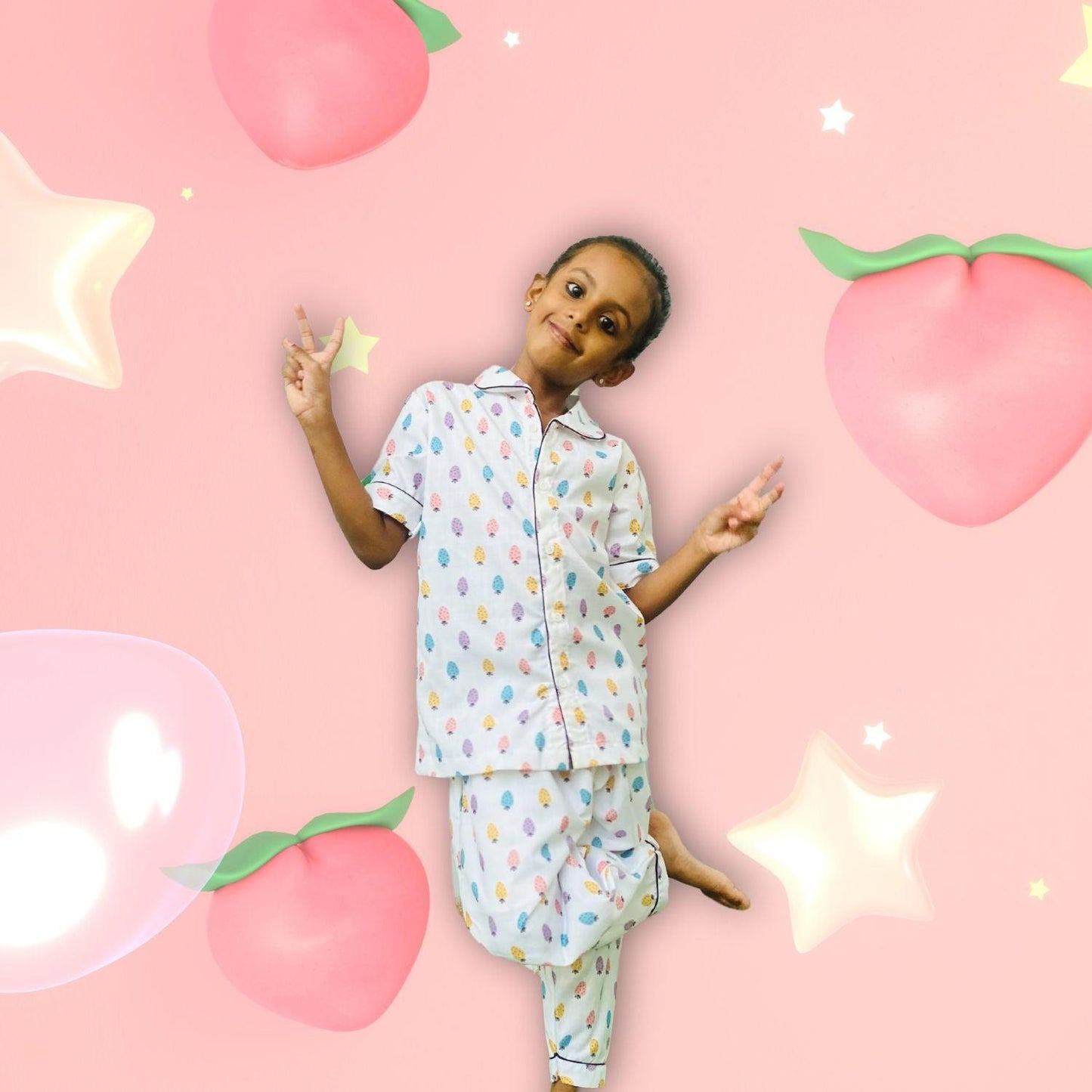 Strawberry Pajama Set by RedBerry Cuddle, made from 100% cotton. A soft and cozy unisex pajama set for kids, featuring a playful strawberry pattern, perfect for comfortable and fun sleep.