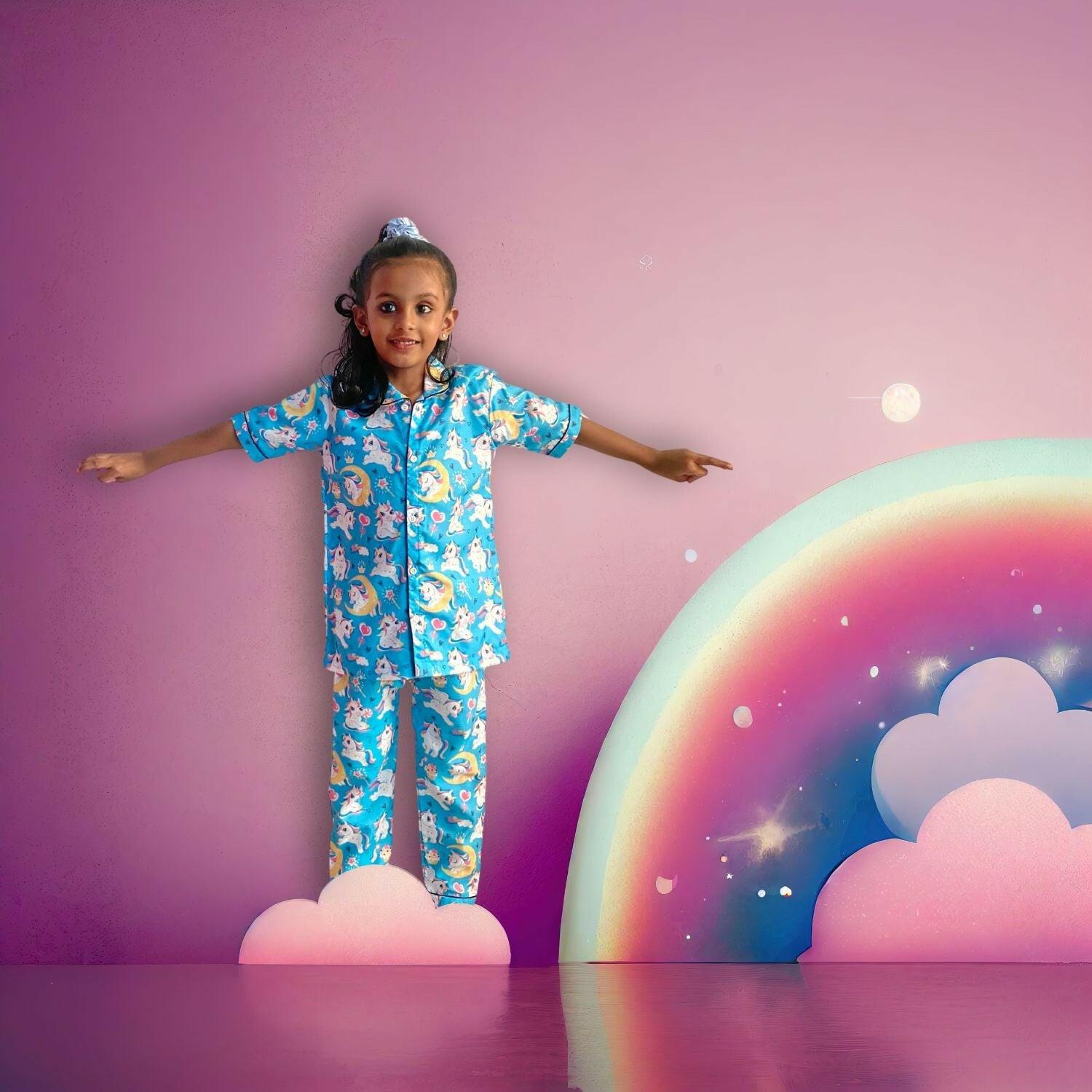 Unicorn sky blue pajama set, 100% cotton, unisex, by RedBerry Cuddle.