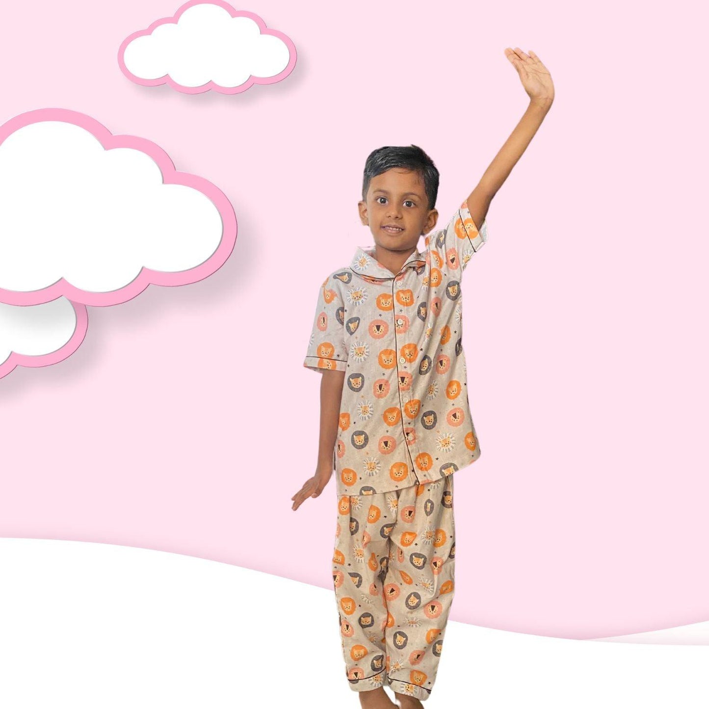 Lion Pajama Set by RedBerry Cuddle, made from 100% cotton. A playful and soft unisex pajama set for kids, featuring a charming lion design, perfect for comfortable sleep and cozy nights.