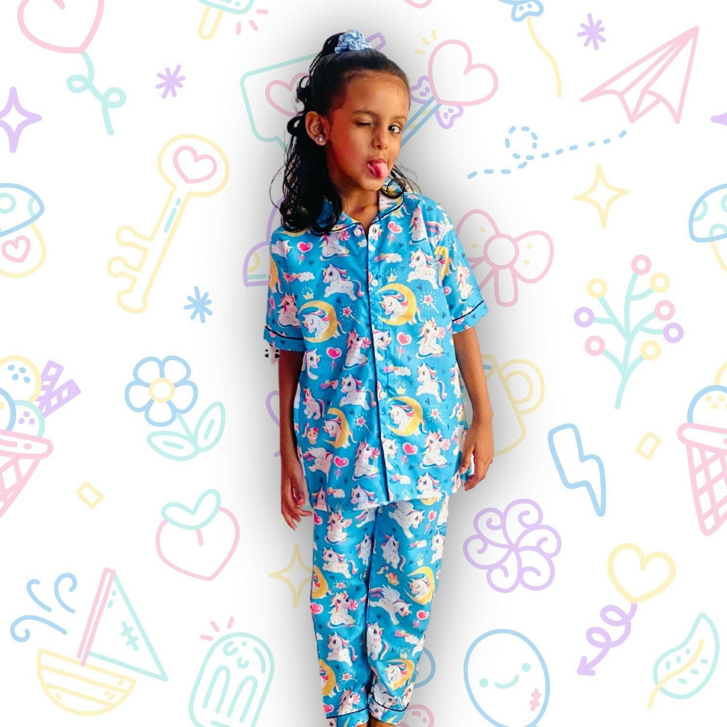 Unicorn sky blue pajama set, 100% cotton, unisex, by RedBerry Cuddle.