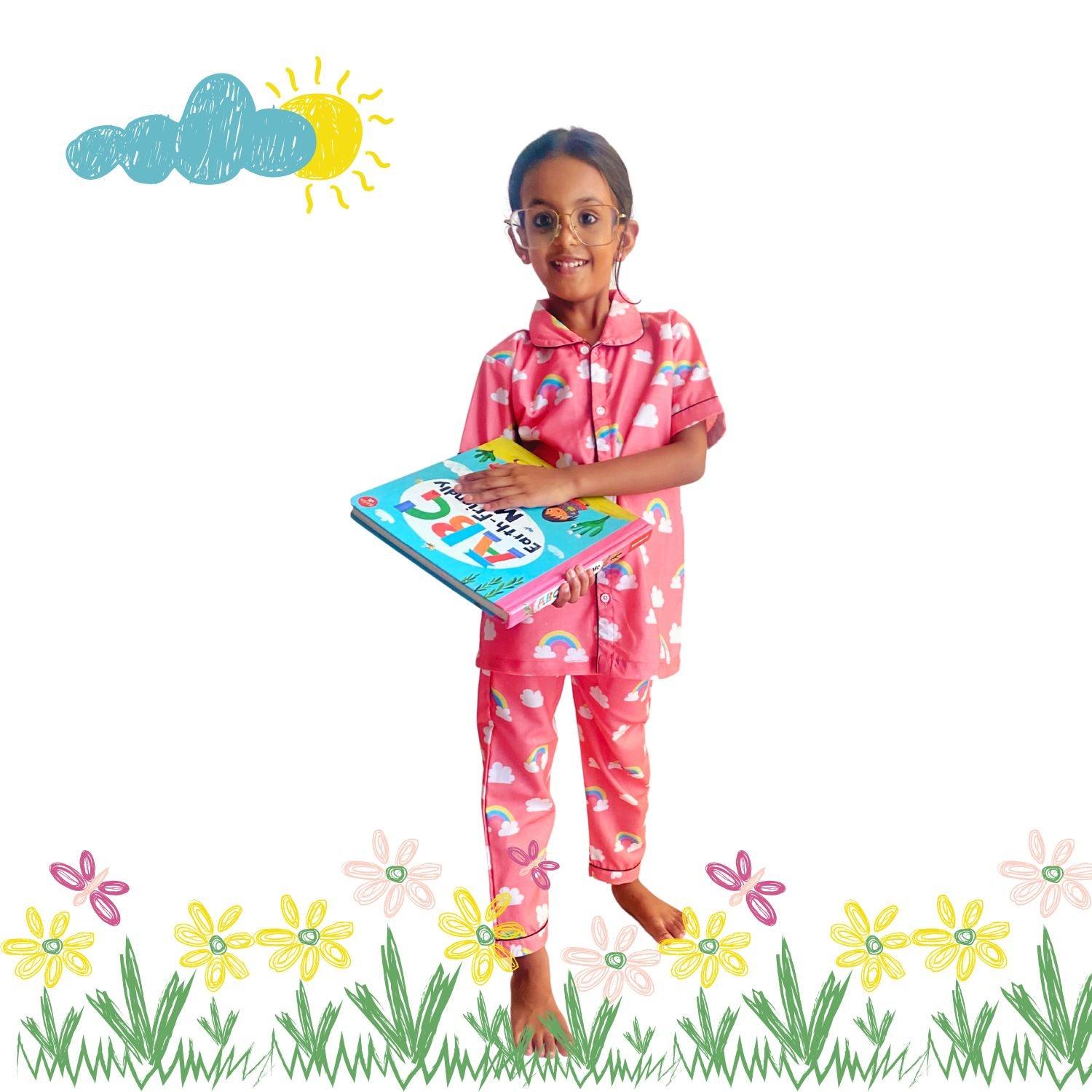 Rainbow Cloud Pajama Set by RedBerry Cuddle, made from 100% cotton. A soft and colorful unisex pajama set for kids, featuring a cheerful rainbow and cloud design, perfect for cozy and comfortable sleep.