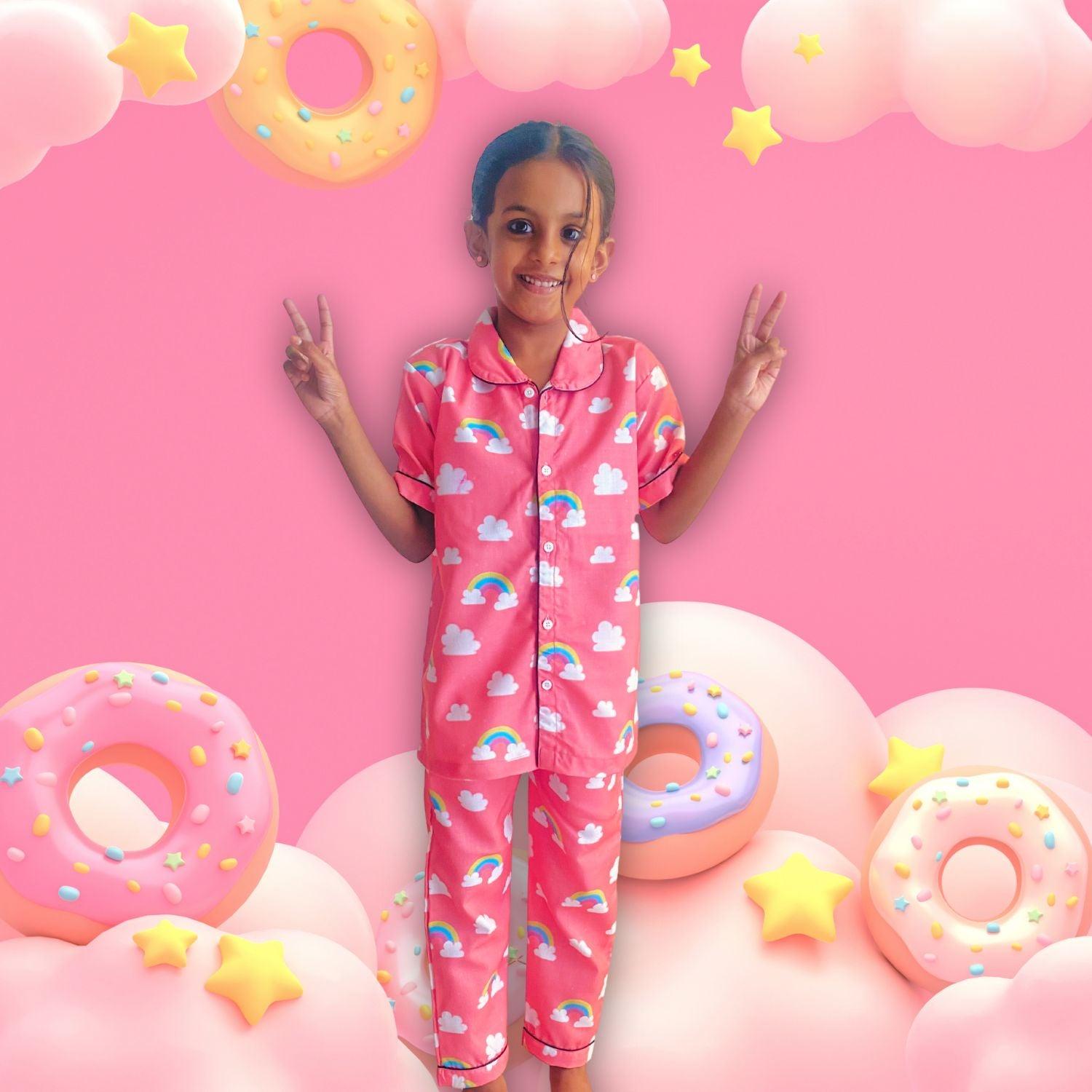 Rainbow Cloud Pajama Set by RedBerry Cuddle, made from 100% cotton. A soft and colorful unisex pajama set for kids, featuring a cheerful rainbow and cloud design, perfect for cozy and comfortable sleep.