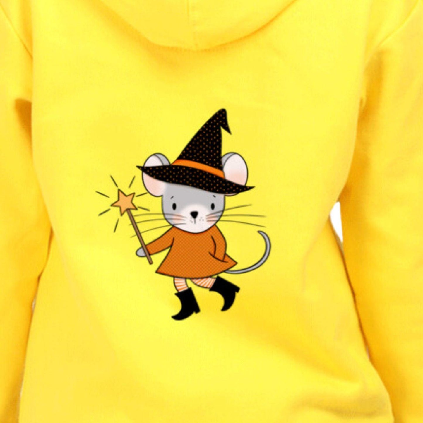 Halloween Mouse Witch Kids Hooded Sweatshirt by RedBerry Cuddle, made from 100% cotton. This unisex hoodie features a cute mouse dressed as a witch, perfect for adding a playful Halloween touch to kids' outfits.