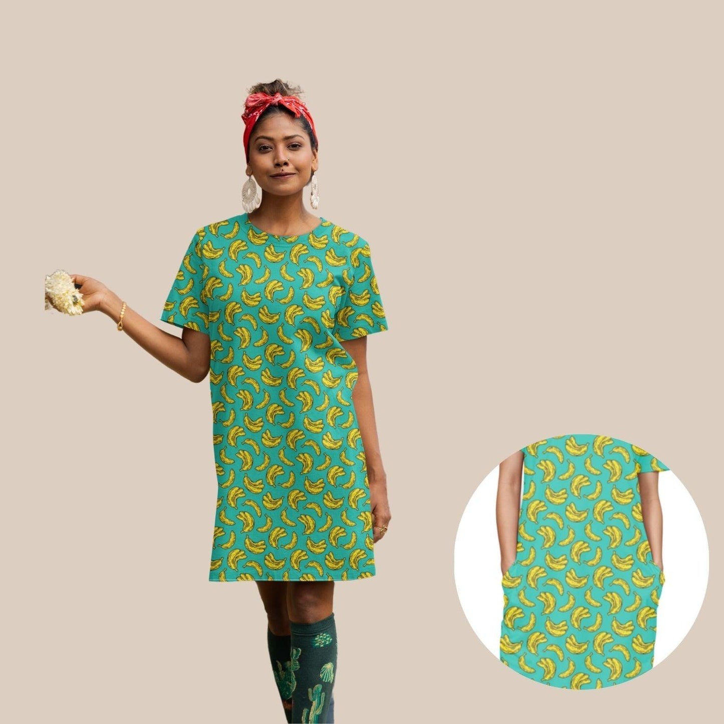 Banana Women's T-shirt Dress by RedBerry Cuddle, featuring a playful banana design. Made from fade-proof fabric, it includes two convenient pockets for added comfort and style.