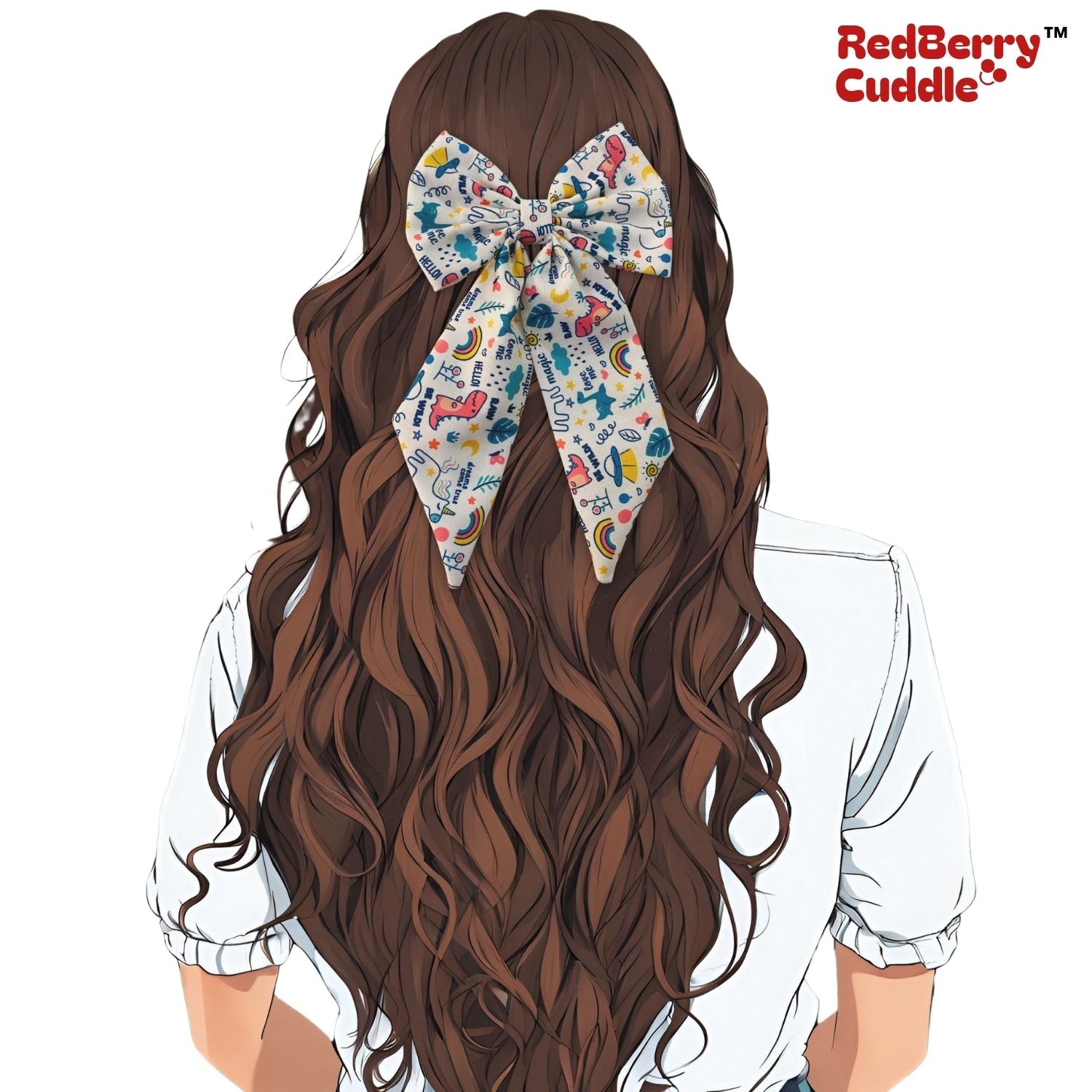 Magic Doodle Midi Tail Hair Bow by RedBerry Cuddle. A playful and stylish hair accessory featuring a midi-length bow with a whimsical doodle-inspired design, crafted from soft, high-quality fabric for a secure and charming look.