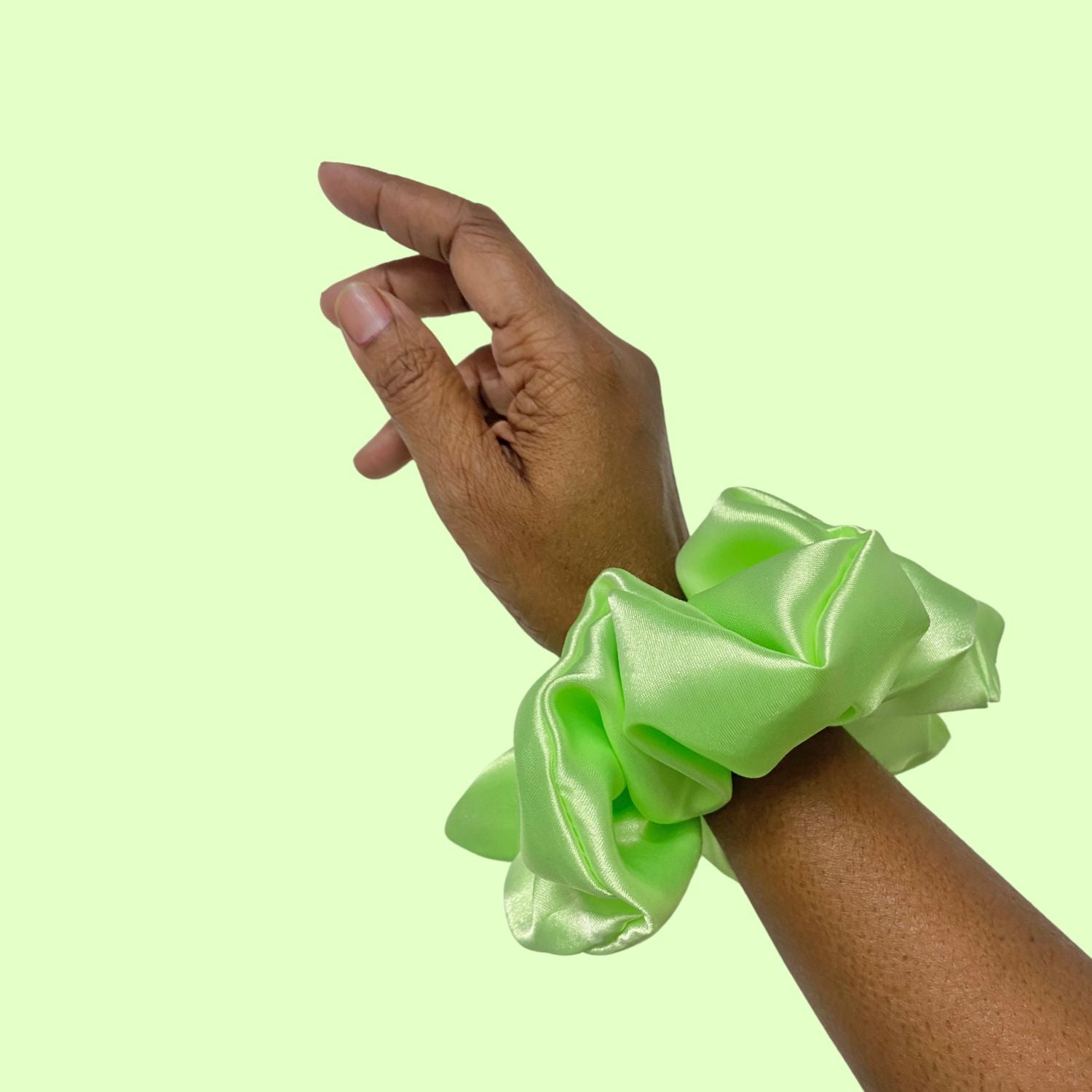 Lime Green Scrunchie in extra-large size by RedBerry Cuddle. A bright, refreshing green hair accessory with a soft, plush texture, perfect for a voluminous and secure hold.