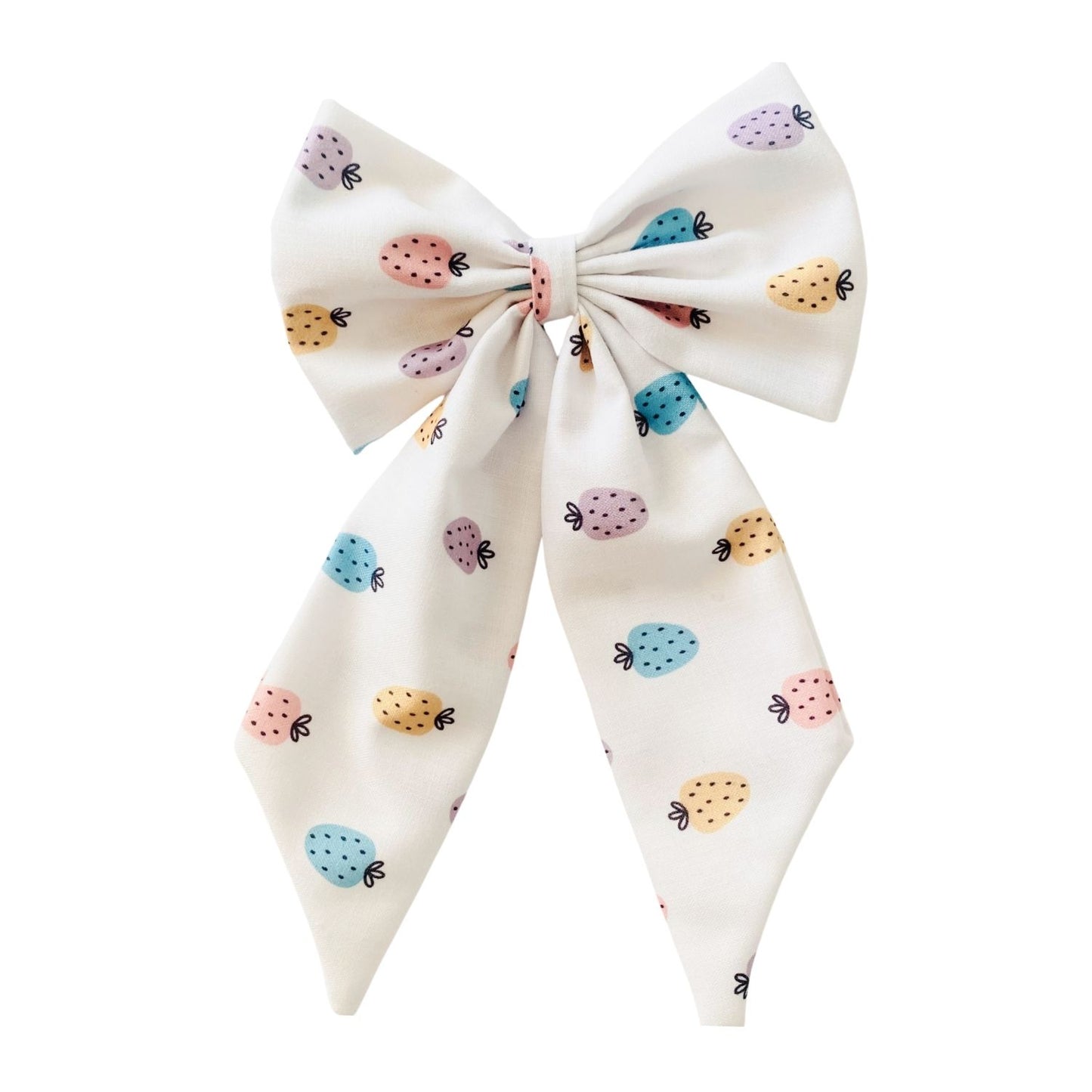 Strawberry Midi Tail Hair Bow by RedBerry Cuddle. A sweet and stylish hair accessory featuring a midi-length bow with a charming strawberry-themed design, crafted from high-quality fabric for a secure and adorable look.