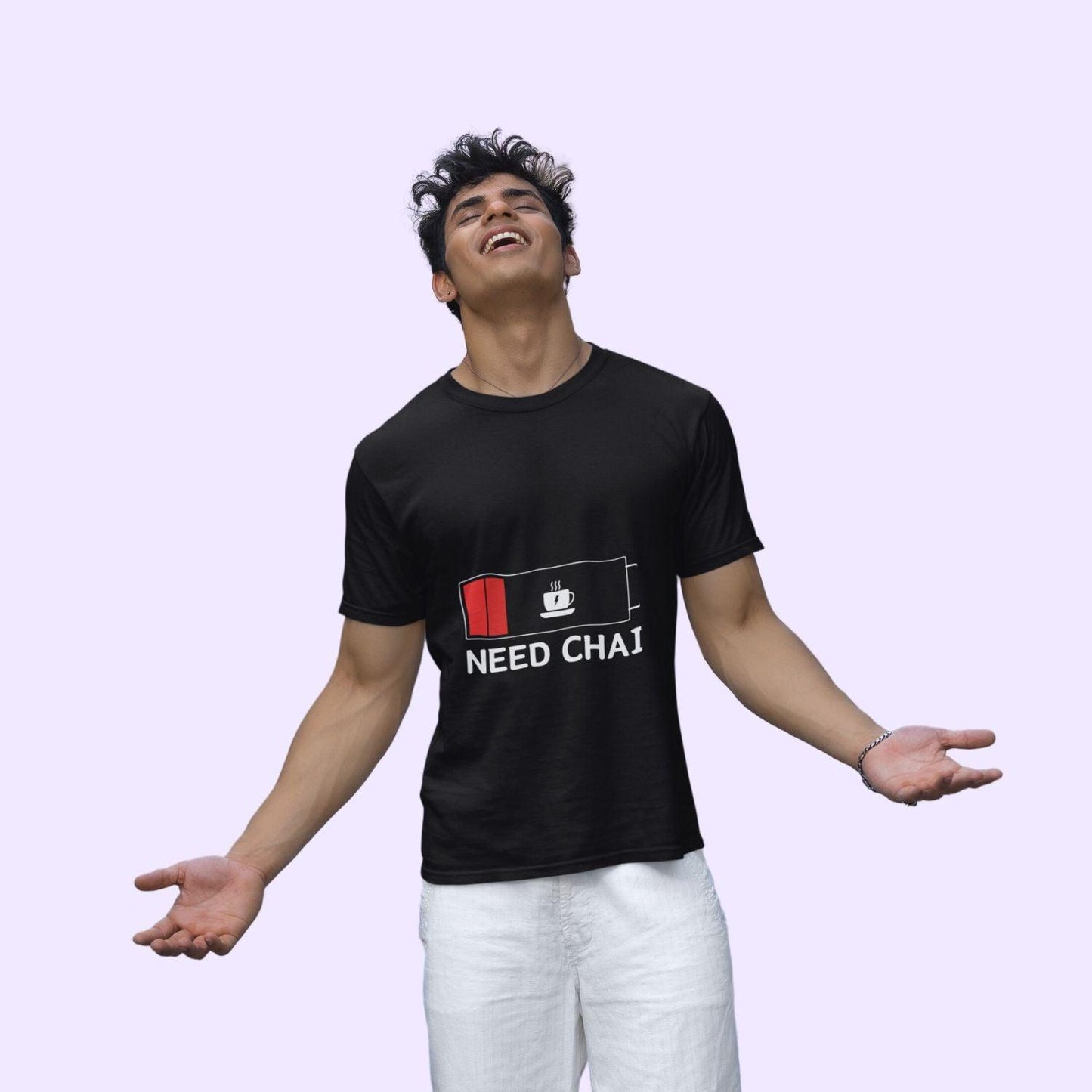 Need Chai Men's T-shirt by RedBerry Cuddle, made from 100% cotton. It features a quirky 'Need Chai' slogan, perfect for tea lovers seeking comfort and style.