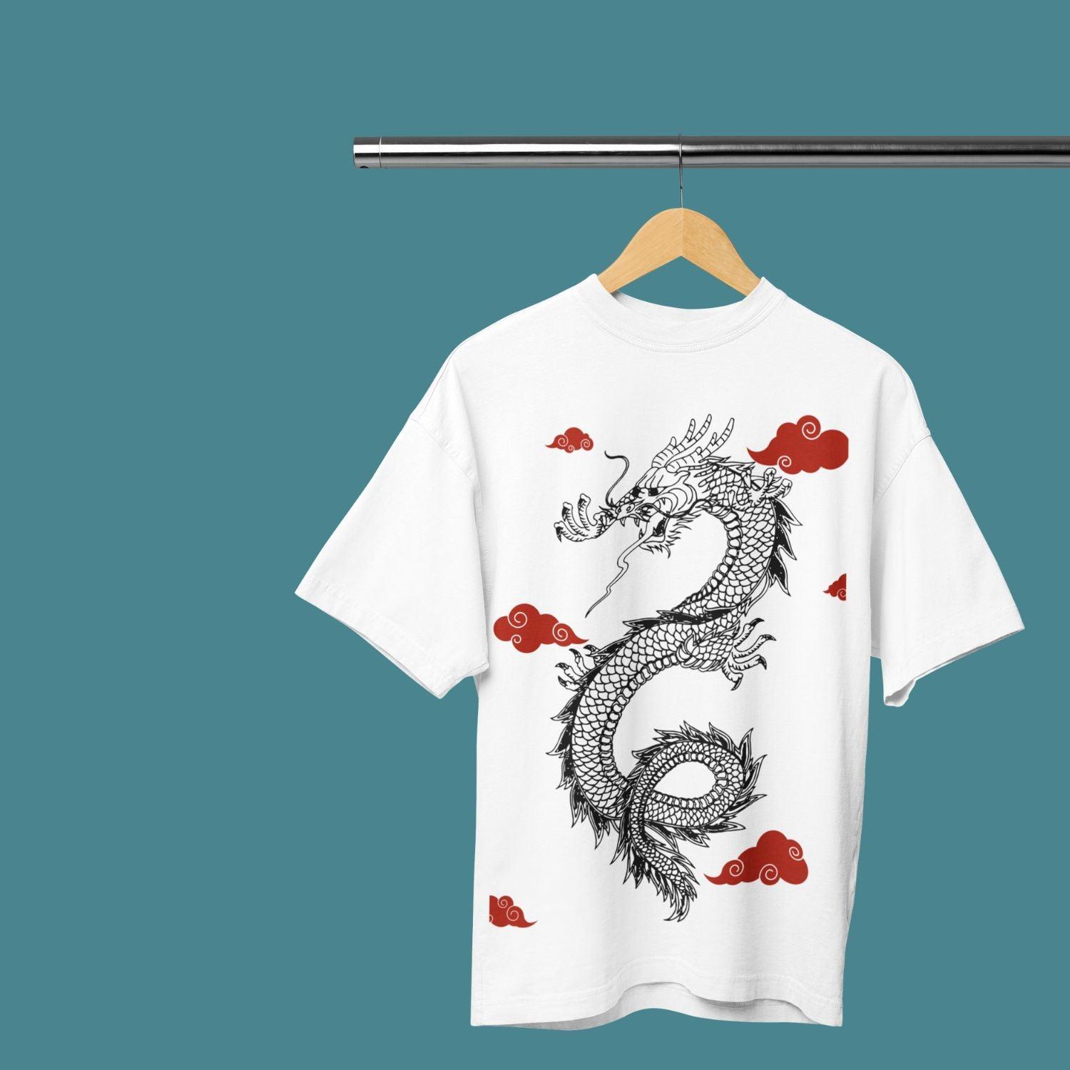 Dragon Men's Oversized T-shirt by RedBerry Cuddle, made from 100% cotton. This shirt features a bold dragon-themed design, offering a relaxed fit and striking style for casual wear.