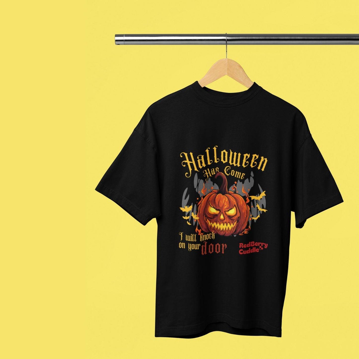 Halloween Men's Oversized T-shirt by RedBerry Cuddle, made from 100% cotton. This shirt features a bold Halloween-themed design, offering a relaxed and comfortable fit for casual wear.