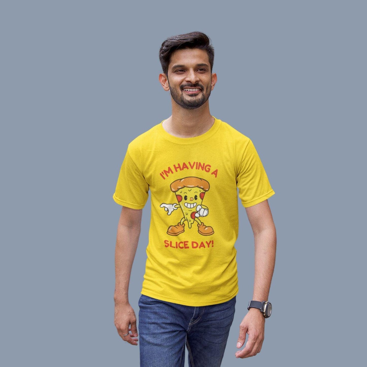 I'm Having a Slice Day Men's T-shirt by RedBerry Cuddle, made from 100% cotton. It features a fun pizza-themed slogan, offering comfort with a playful twist.