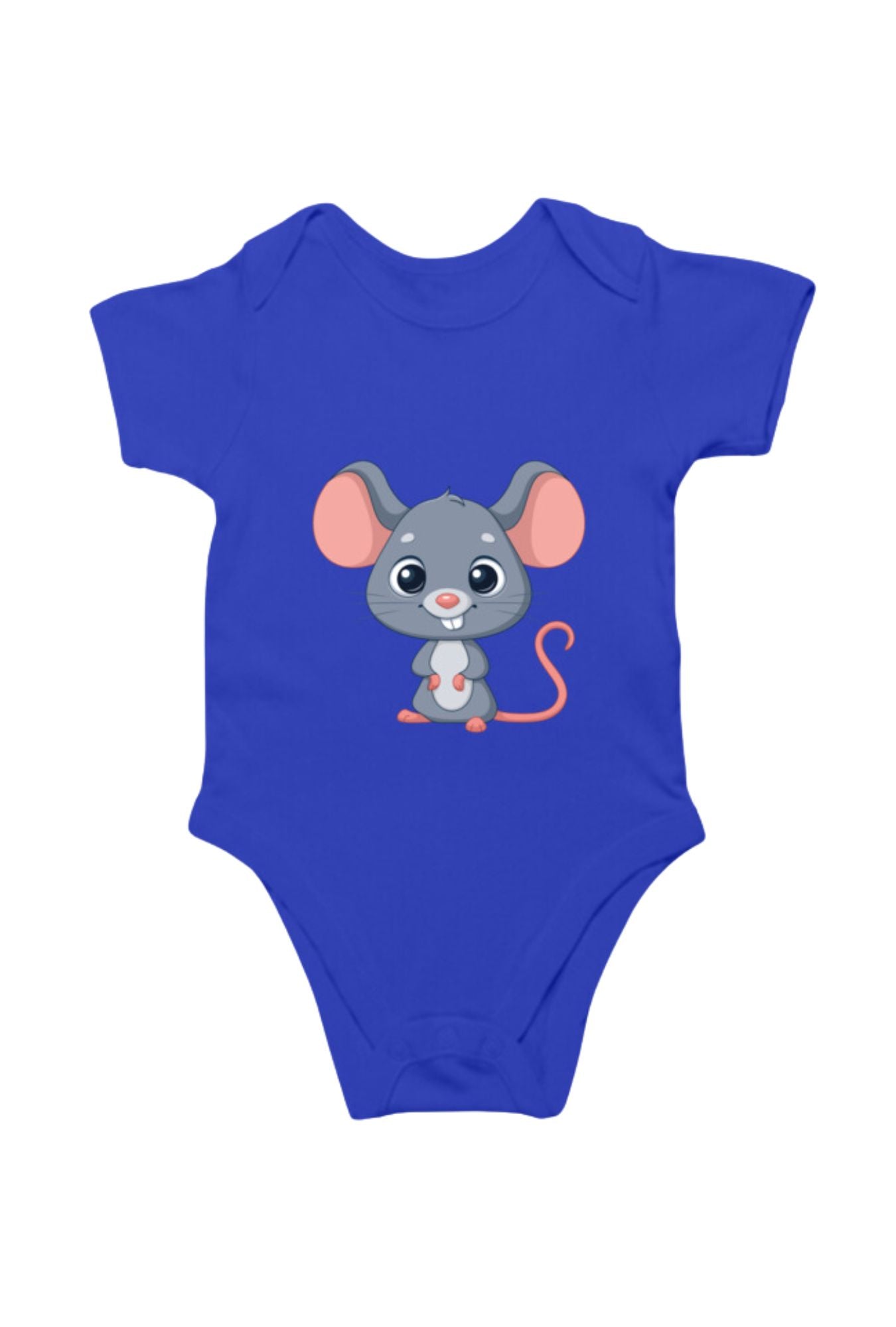 Royal Blue Romper Bodysuit - Mouse design for babies by RedBerry Cuddle, made from 100% cotton. This romper features a cute mouse design, offering soft comfort and style for infants.