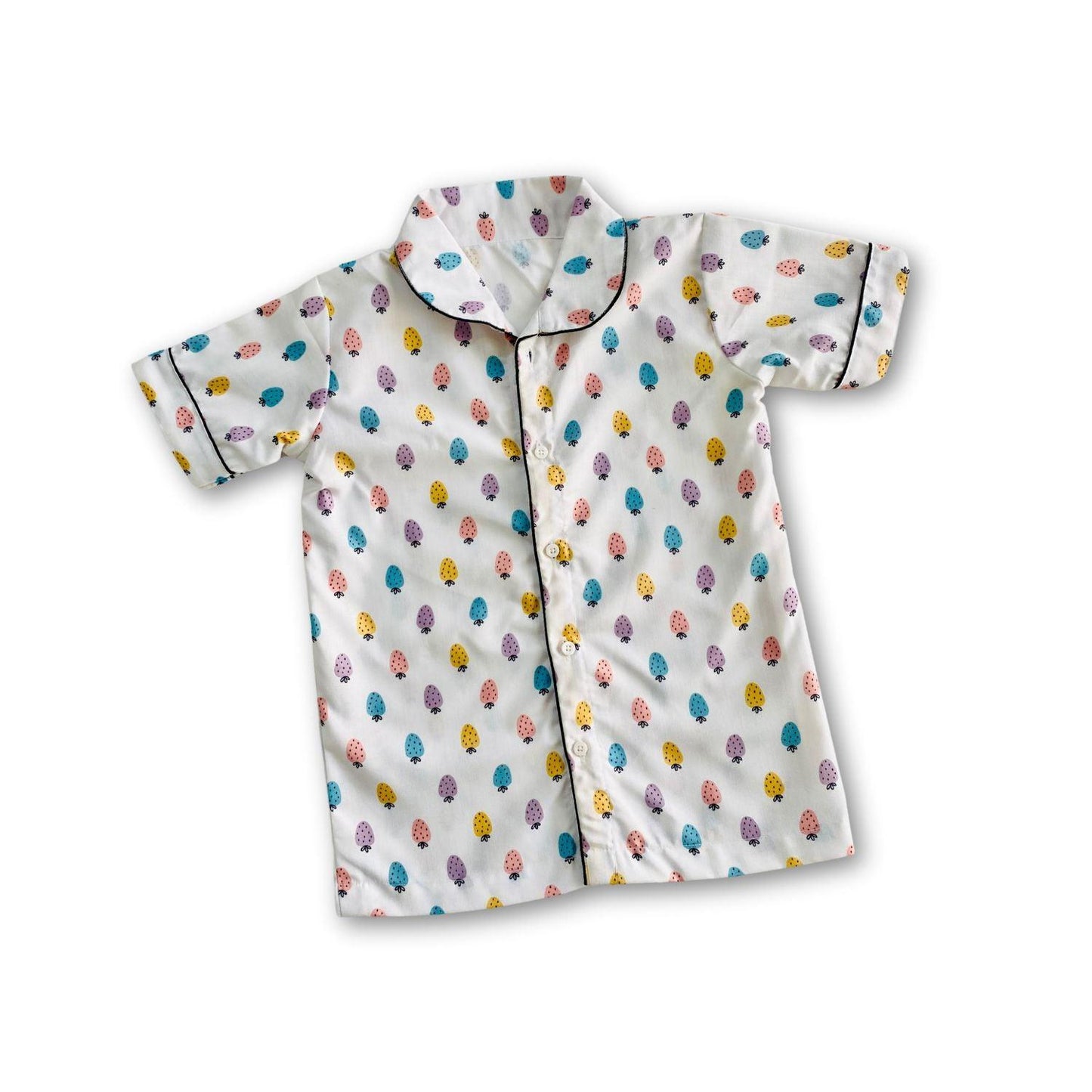 Strawberry Pajama Set by RedBerry Cuddle, made from 100% cotton. A soft and cozy unisex pajama set for kids, featuring a playful strawberry pattern, perfect for comfortable and fun sleep.