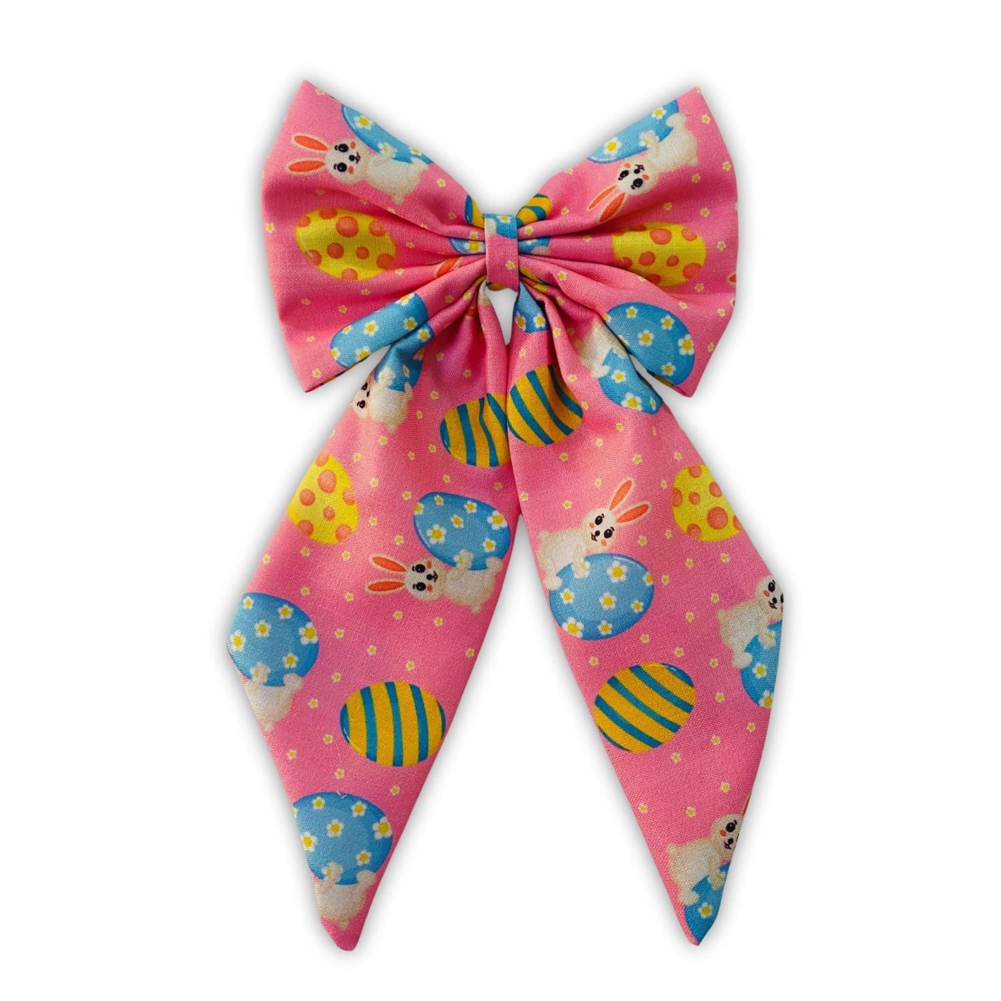 Easter Egg Pink Midi Tail Hair Bow by RedBerry Cuddle. A charming and festive hair accessory featuring a midi-length bow in a soft pink hue, inspired by Easter egg designs, crafted from high-quality fabric for a secure and stylish look.