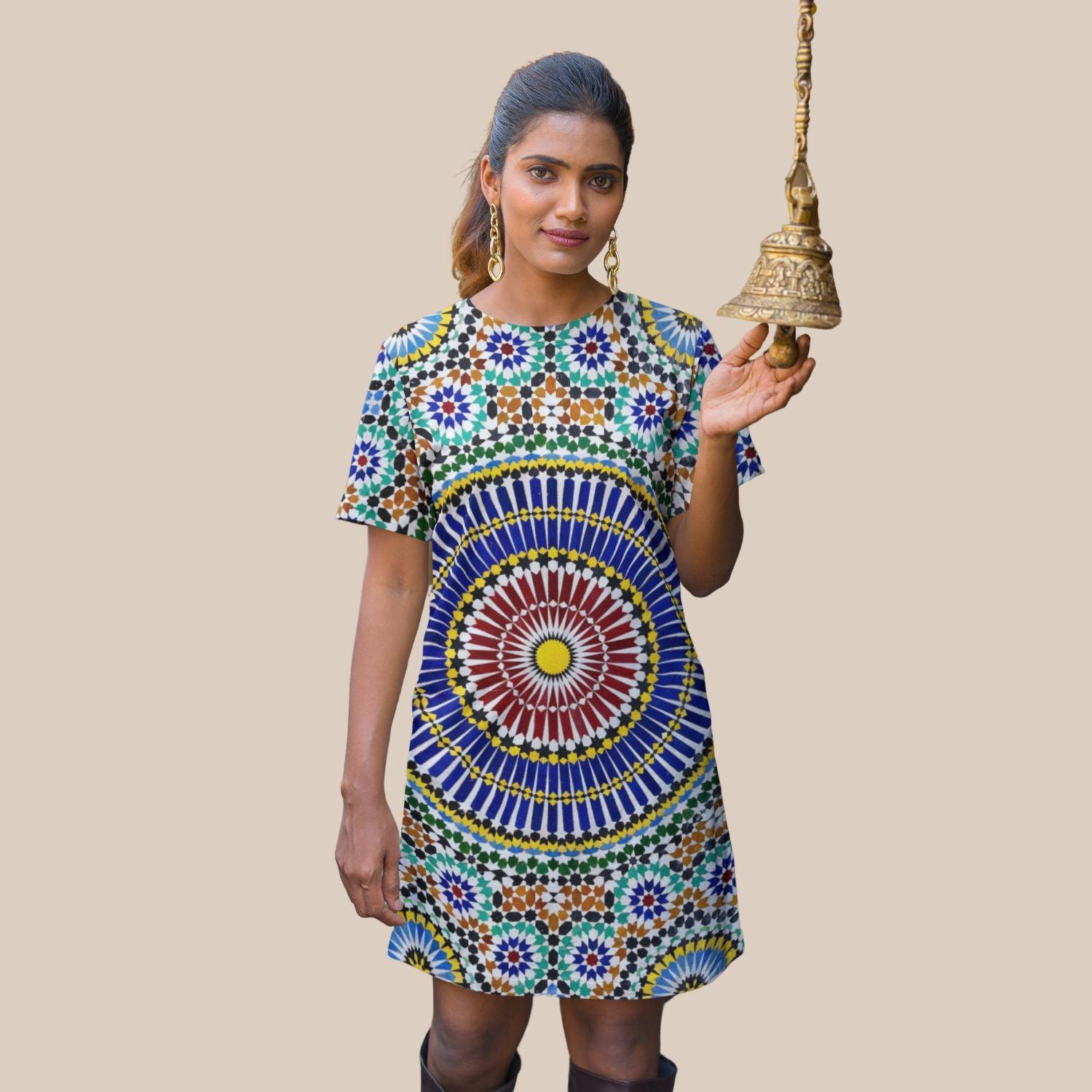 Mandala Women's T-shirt Dress by RedBerry Cuddle, featuring an intricate mandala design. It is fade-proof and includes two pockets for both style and functionality.