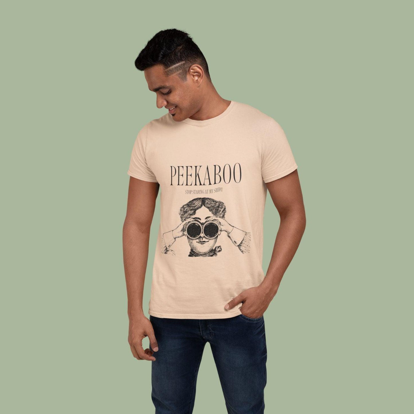 Peekaboo Men's T-shirt by RedBerry Cuddle, made from 100% cotton. It features a playful peekaboo design, offering both comfort and style.