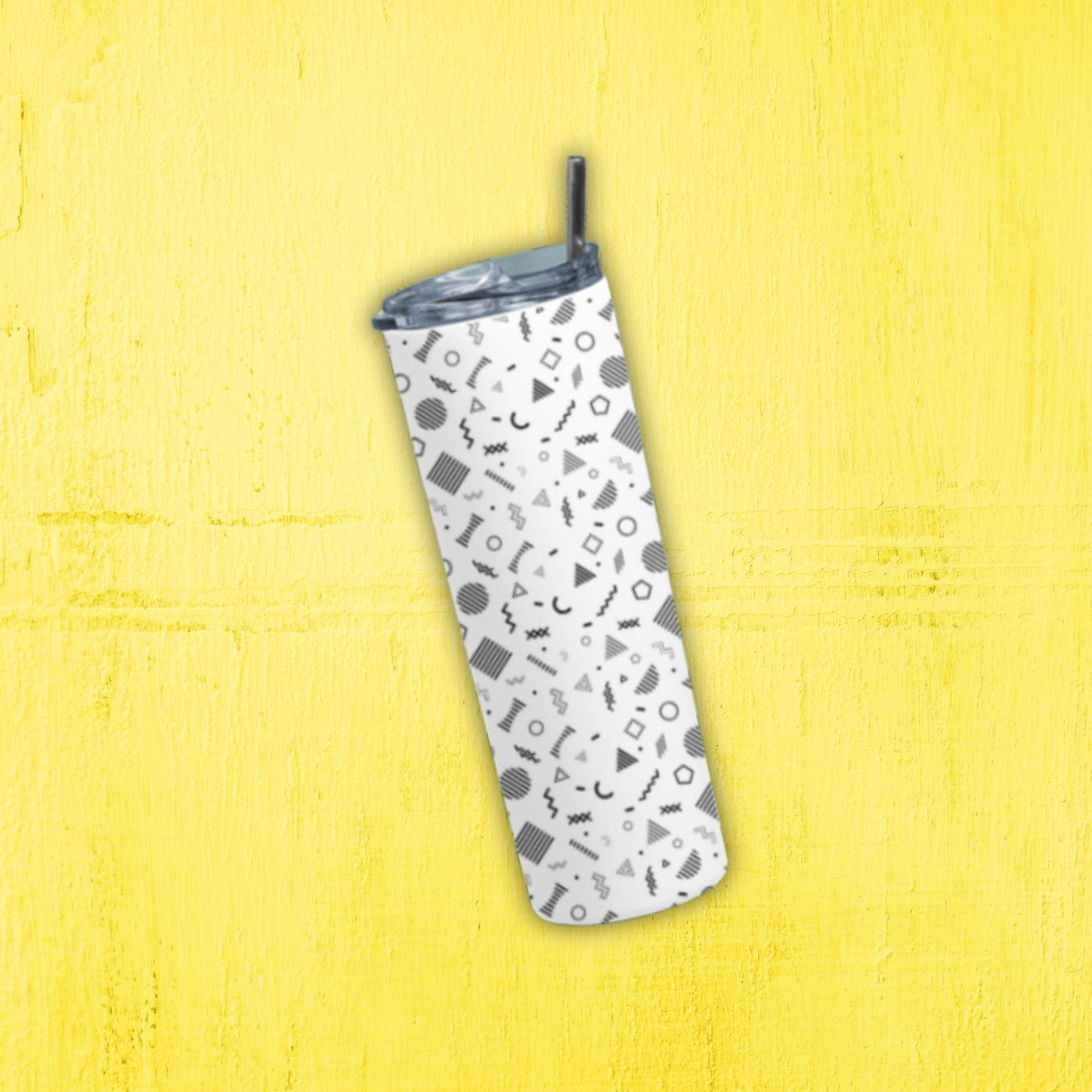 Doodle Shapes Tumbler Bottle by RedBerry Cuddle, a 20 oz stainless steel tumbler with a metal straw. It features a fun doodle shapes design, double wall insulation, and a splash-proof lid.