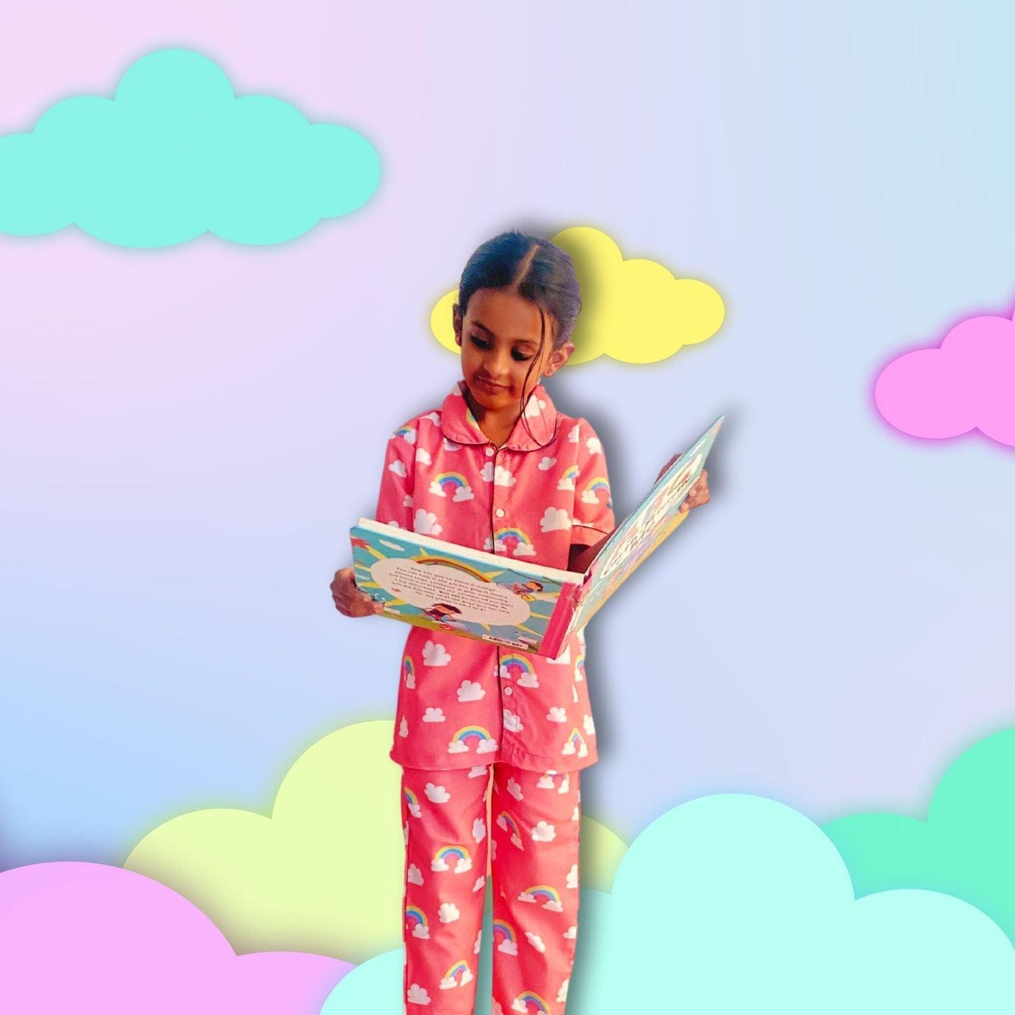 Rainbow Cloud Pajama Set by RedBerry Cuddle, made from 100% cotton. A soft and colorful unisex pajama set for kids, featuring a cheerful rainbow and cloud design, perfect for cozy and comfortable sleep.