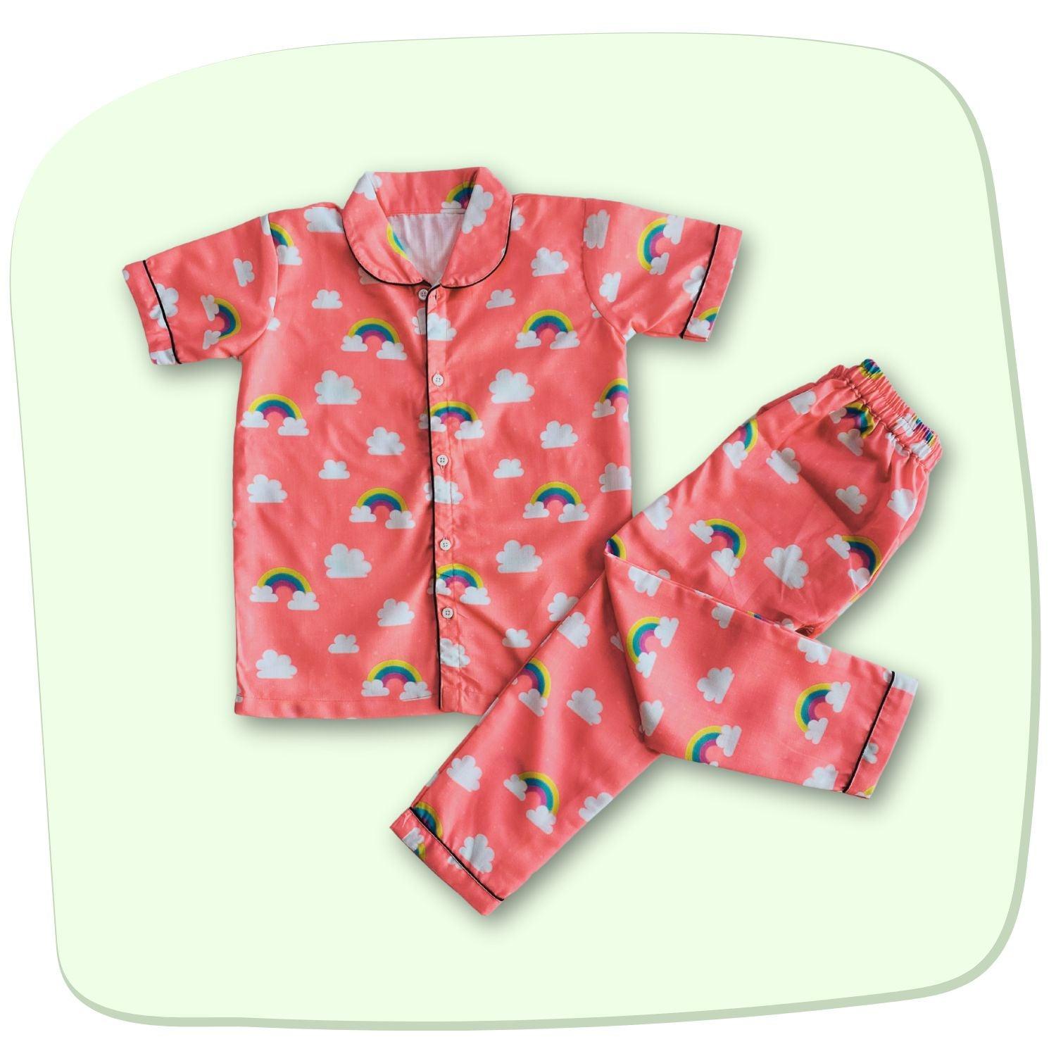 Rainbow Cloud Pajama Set by RedBerry Cuddle, made from 100% cotton. A soft and colorful unisex pajama set for kids, featuring a cheerful rainbow and cloud design, perfect for cozy and comfortable sleep.