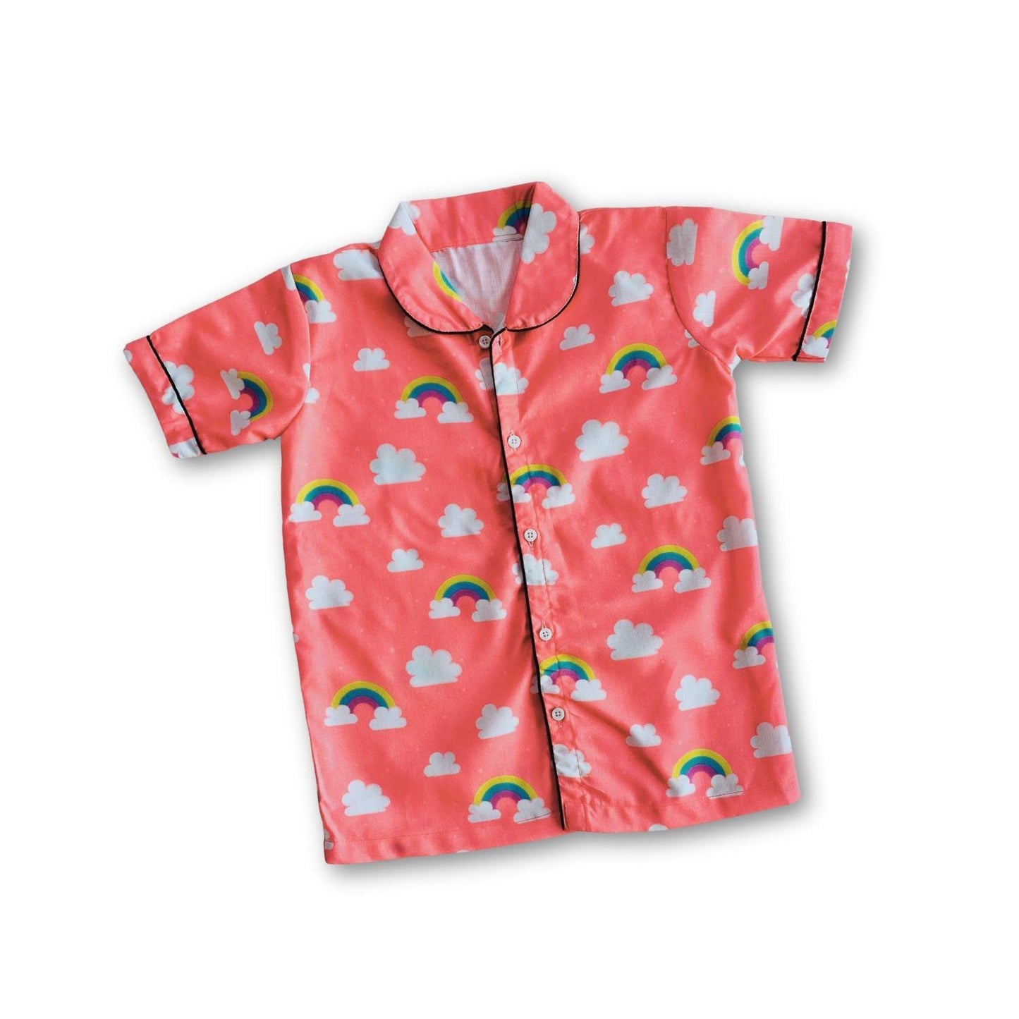 Rainbow Cloud Pajama Set by RedBerry Cuddle, made from 100% cotton. A soft and colorful unisex pajama set for kids, featuring a cheerful rainbow and cloud design, perfect for cozy and comfortable sleep.