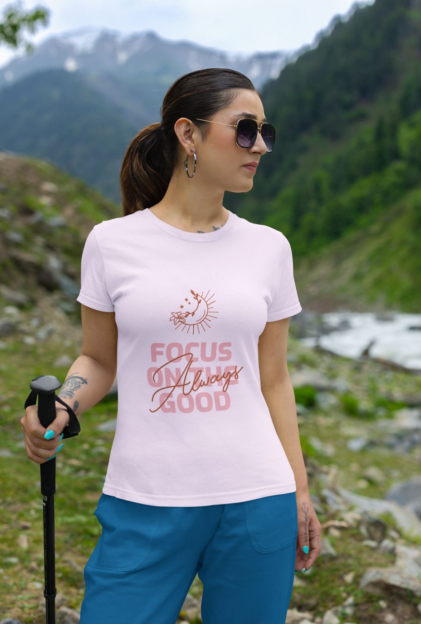 Always Focus on the Good Women's T-shirt by RedBerry Cuddle, made from 100% cotton. It features an uplifting slogan, offering both comfort and a positive message.