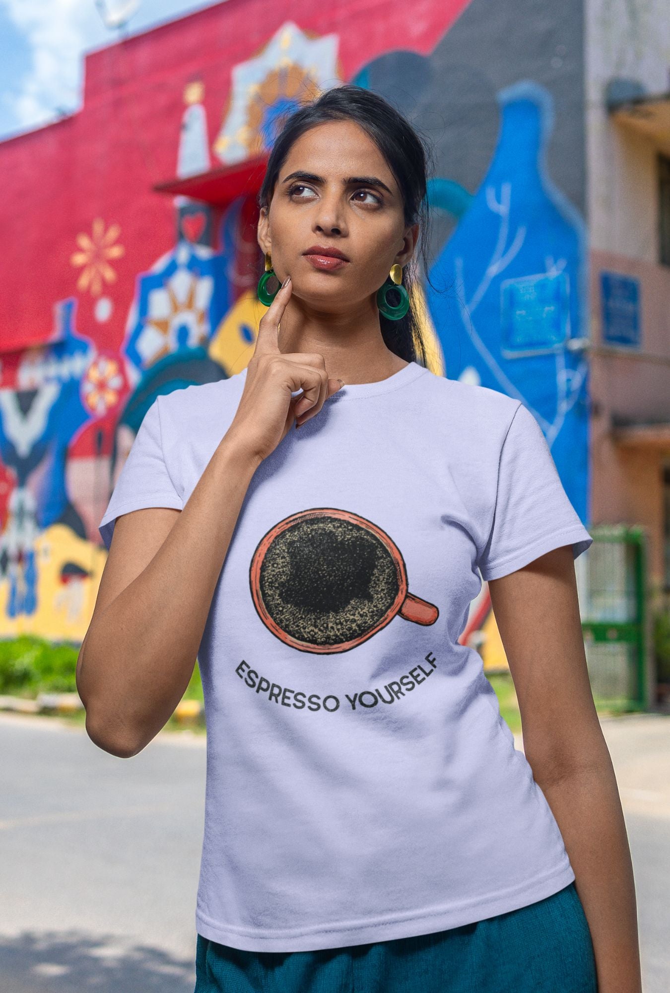 Espresso Yourself Women's T-shirt by RedBerry Cuddle, made from 100% cotton. It features a charming coffee-themed slogan, combining comfort with a playful expression.