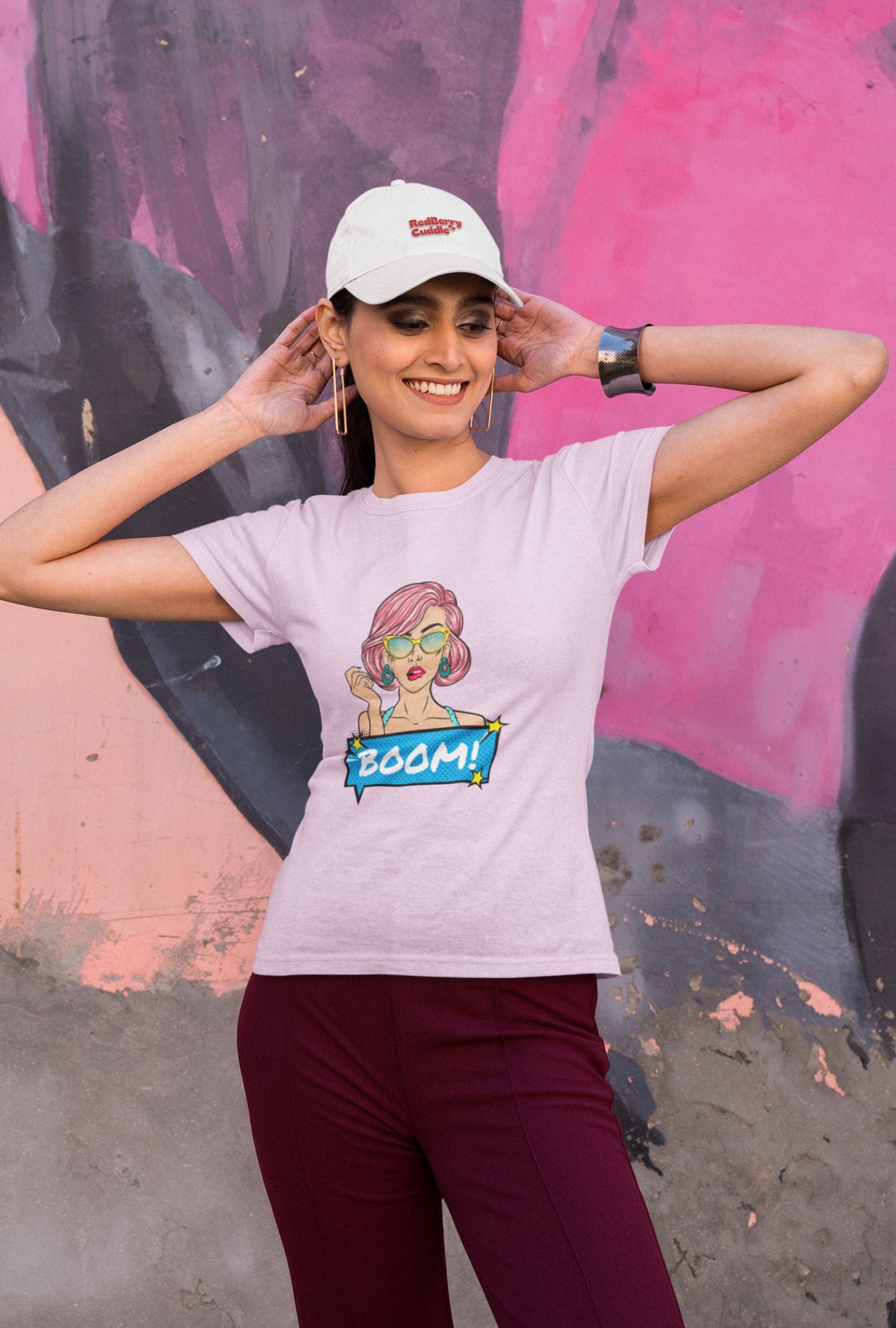 Boom Women's T-shirt by RedBerry Cuddle, made from 100% cotton. It features a bold, sassy 'Boom' design, offering comfort with an attitude.