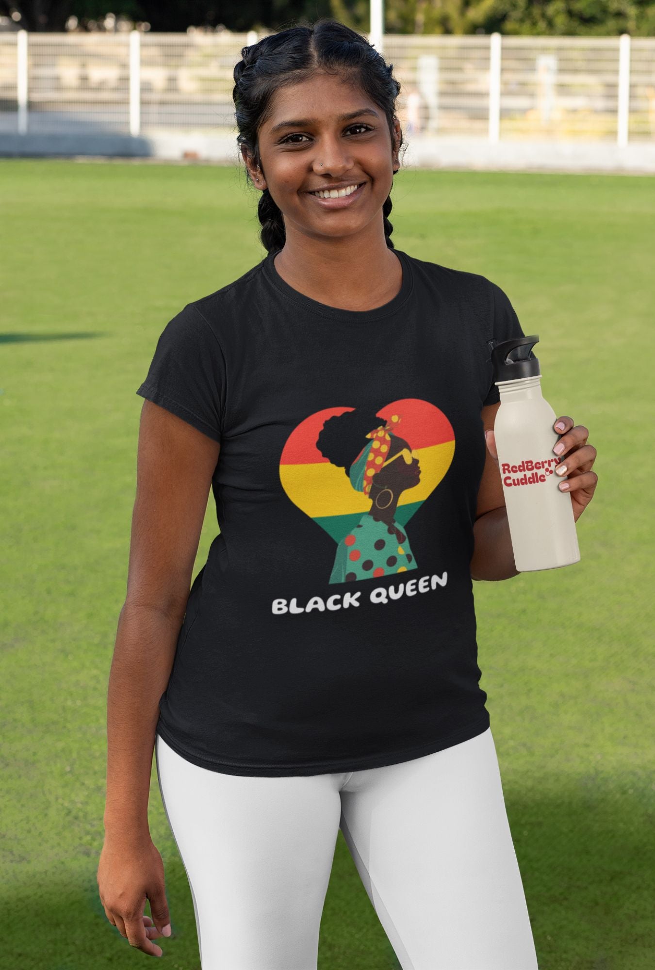 Black Queen Women's T-shirt by RedBerry Cuddle, made from 100% cotton. It features a powerful 'Black Queen' design, offering comfort with a statement of confidence and pride.