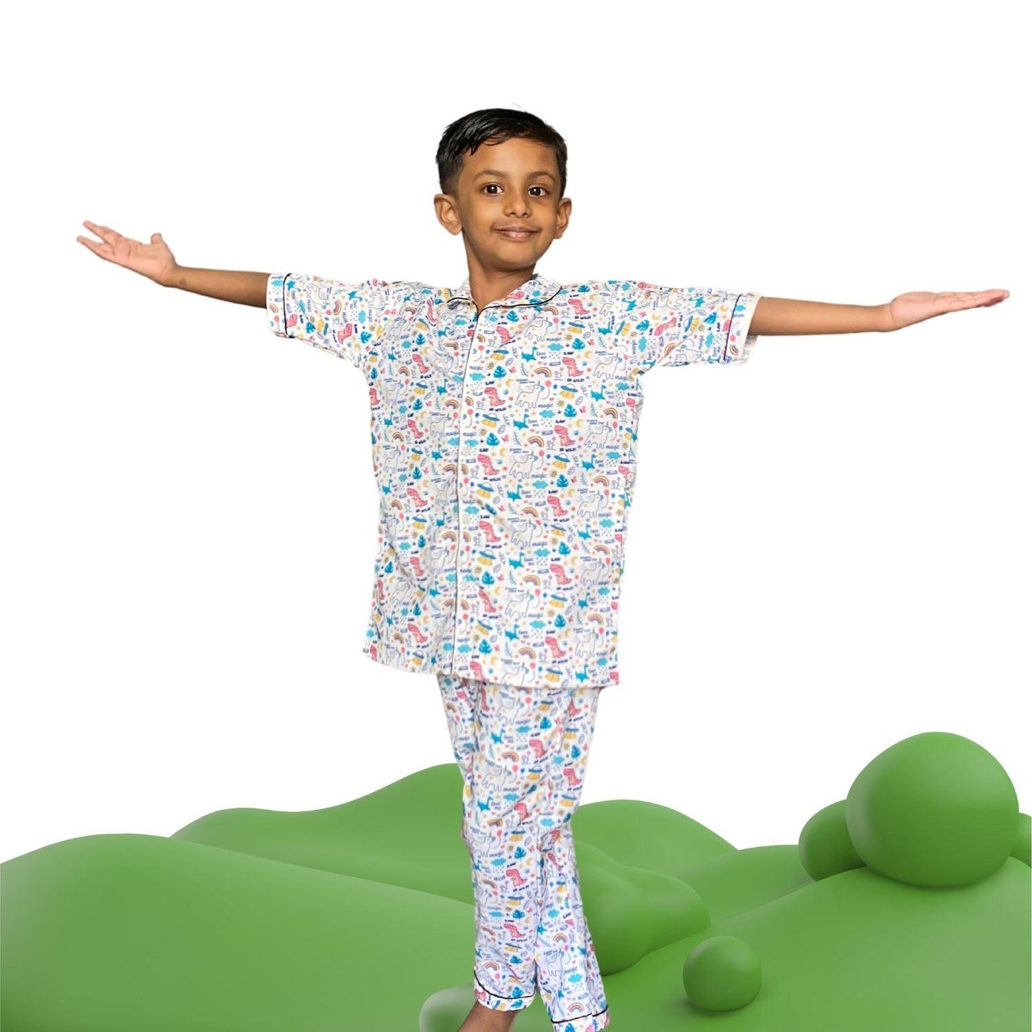 Magic Doodle Pajama Set by RedBerry Cuddle, a unisex night suit for kids made from 100% cotton. The set features whimsical doodle designs, perfect for a cozy and imaginative bedtime experience.