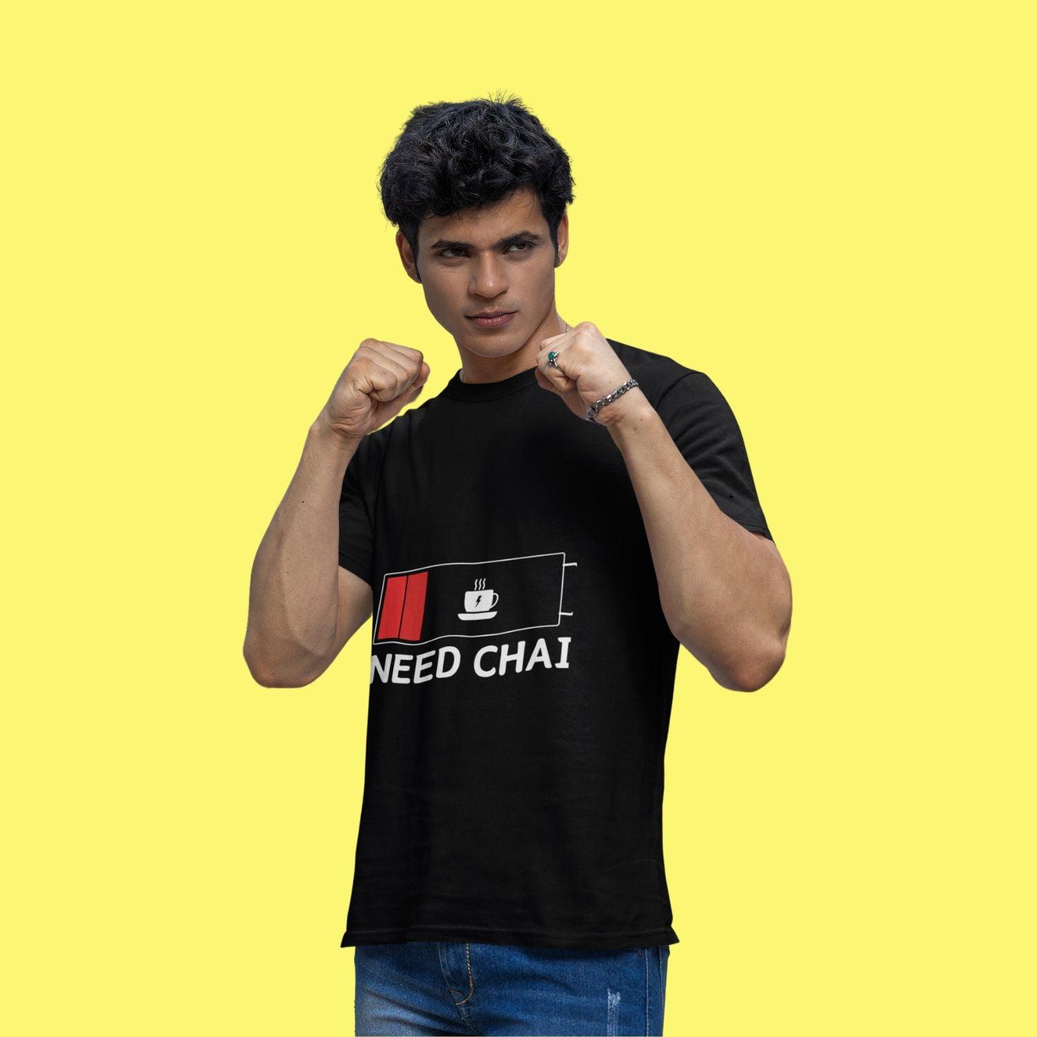 Need Chai Men's T-shirt by RedBerry Cuddle, made from 100% cotton. It features a quirky 'Need Chai' slogan, perfect for tea lovers seeking comfort and style.