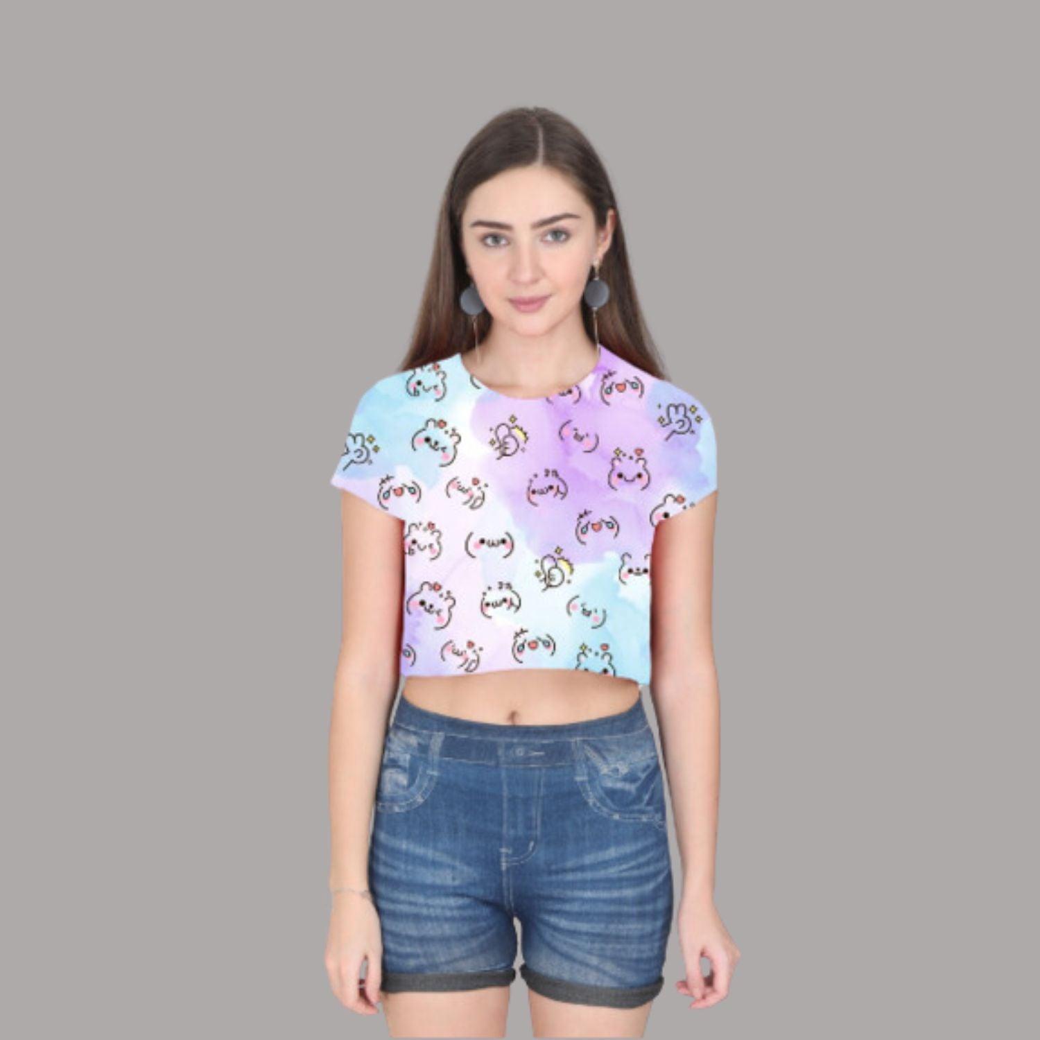 Cute Teddy Doodle Women's Crop Top by RedBerry Cuddle, featuring an adorable teddy bear doodle design. It is fade-proof, offering a playful and stylish look.