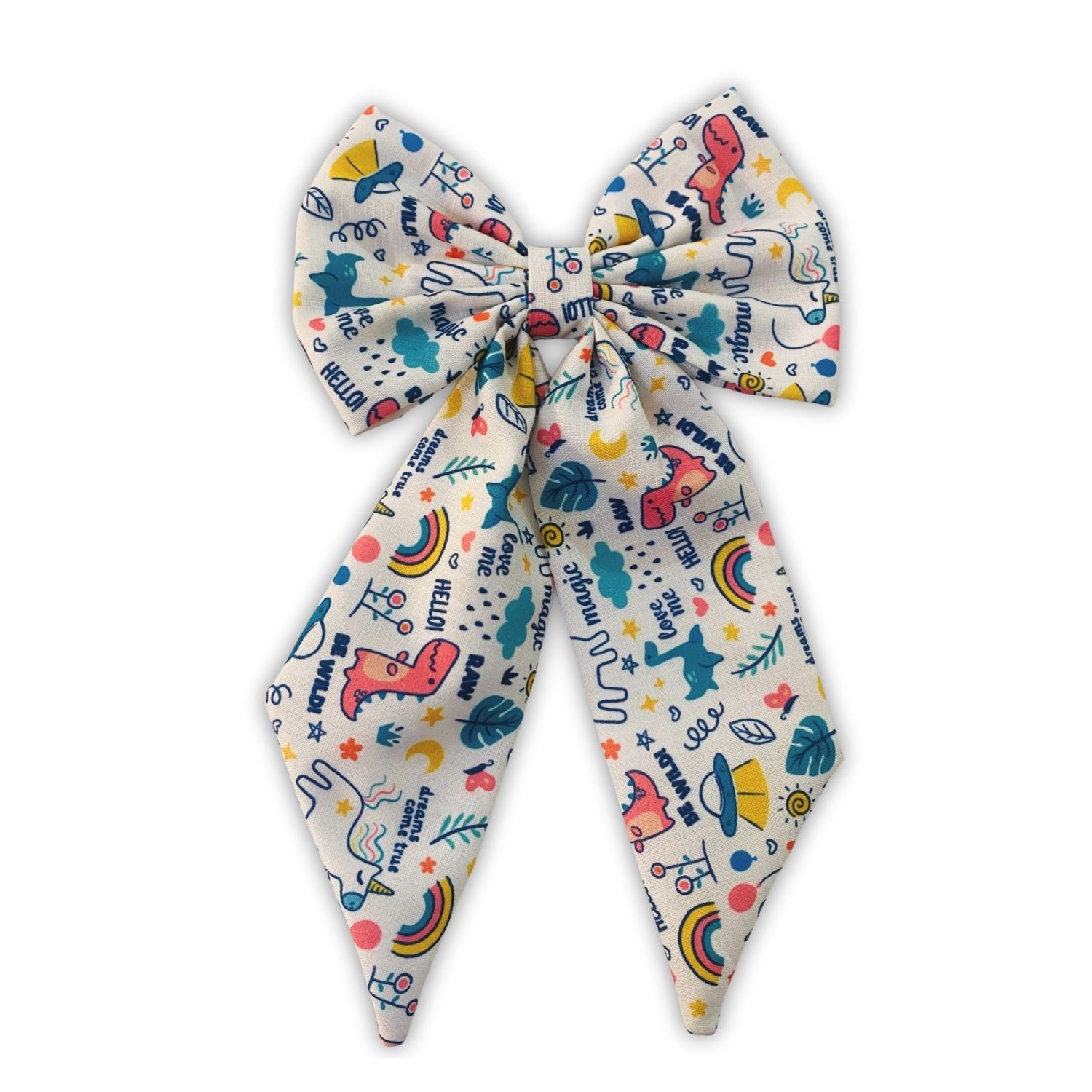 Magic Doodle Midi Tail Hair Bow by RedBerry Cuddle. A playful and stylish hair accessory featuring a midi-length bow with a whimsical doodle-inspired design, crafted from soft, high-quality fabric for a secure and charming look.