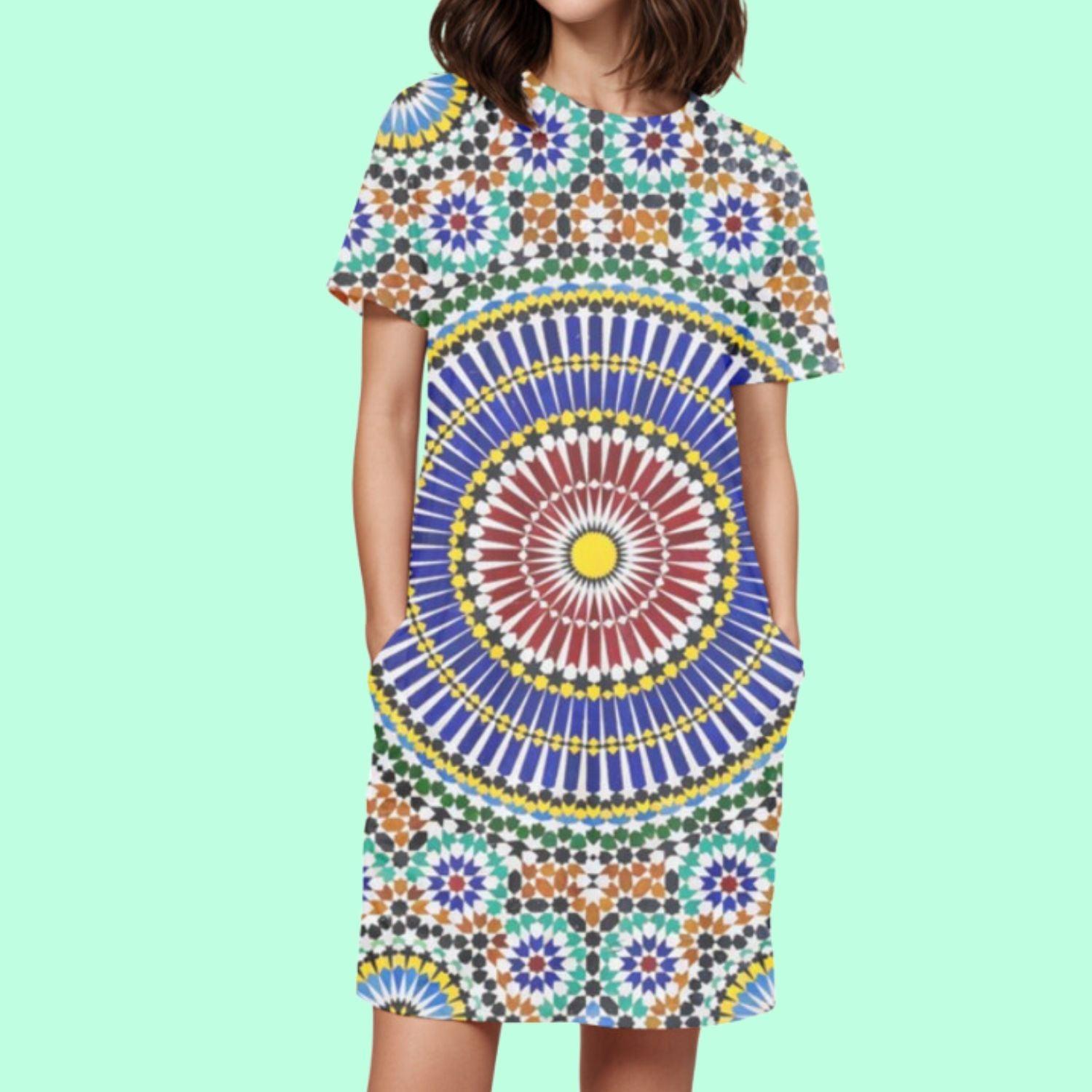 Mandala Women's T-shirt Dress by RedBerry Cuddle, featuring an intricate mandala design. It is fade-proof and includes two pockets for both style and functionality.