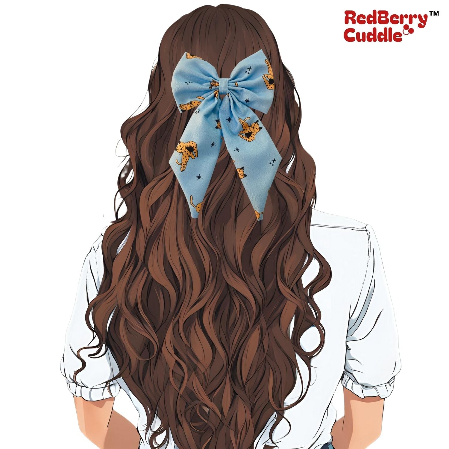 Wild Cat Midi Tail Hair Bow by RedBerry Cuddle. A bold and stylish hair accessory featuring a midi-length bow with a fierce wild cat-inspired print, crafted from high-quality fabric for a secure and fashionable look.