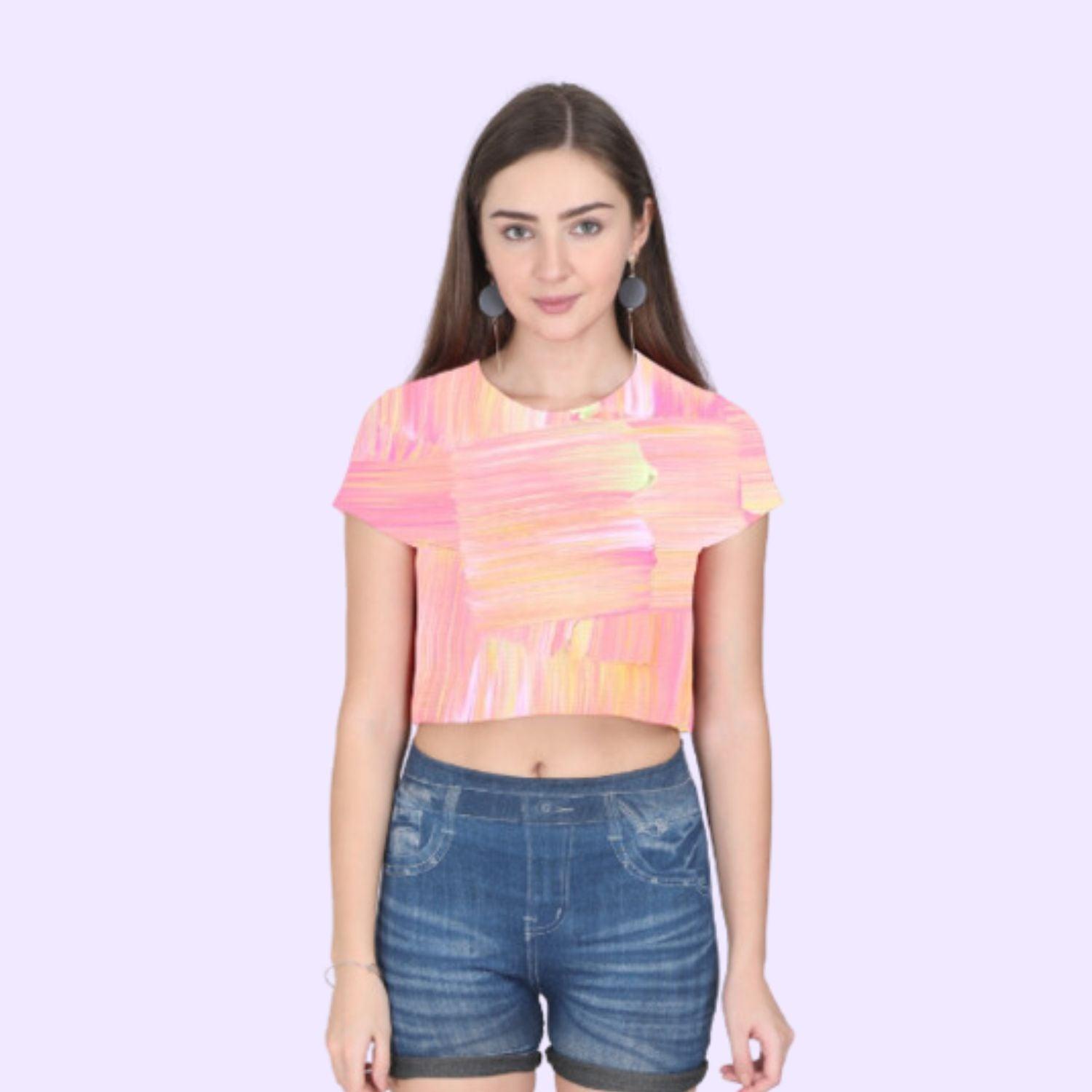 Pastel Peach Women's Crop Top by RedBerry Cuddle, featuring a soft pastel peach color. It is fade-proof, offering a stylish and comfortable option for casual wear.