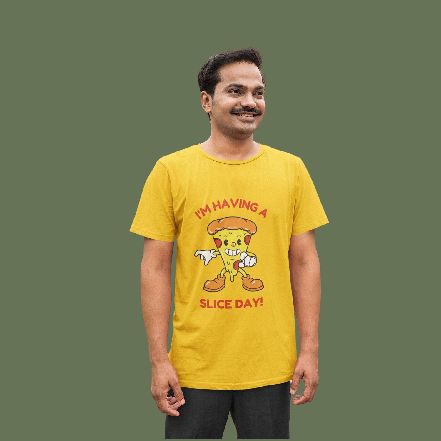 I'm Having a Slice Day Men's T-shirt by RedBerry Cuddle, made from 100% cotton. It features a fun pizza-themed slogan, offering comfort with a playful twist.